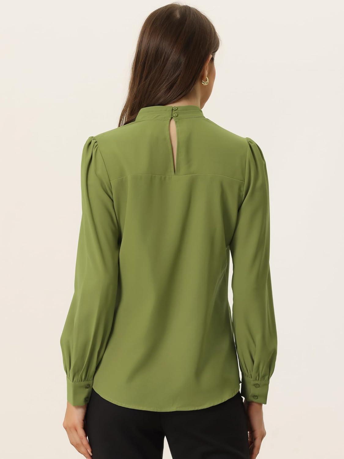 imageAllegra K Womens Work Tops Dressy Casual Shirts Mock Neck Keyhole Business Casual Long Sleeve BlouseAvocado Green