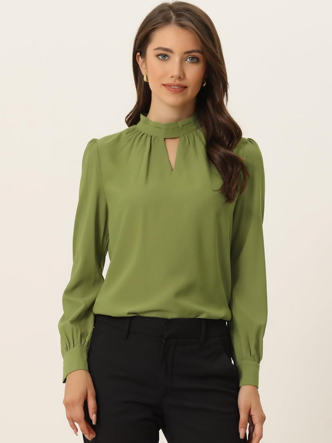 imageAllegra K Womens Work Tops Dressy Casual Shirts Mock Neck Keyhole Business Casual Long Sleeve BlouseAvocado Green