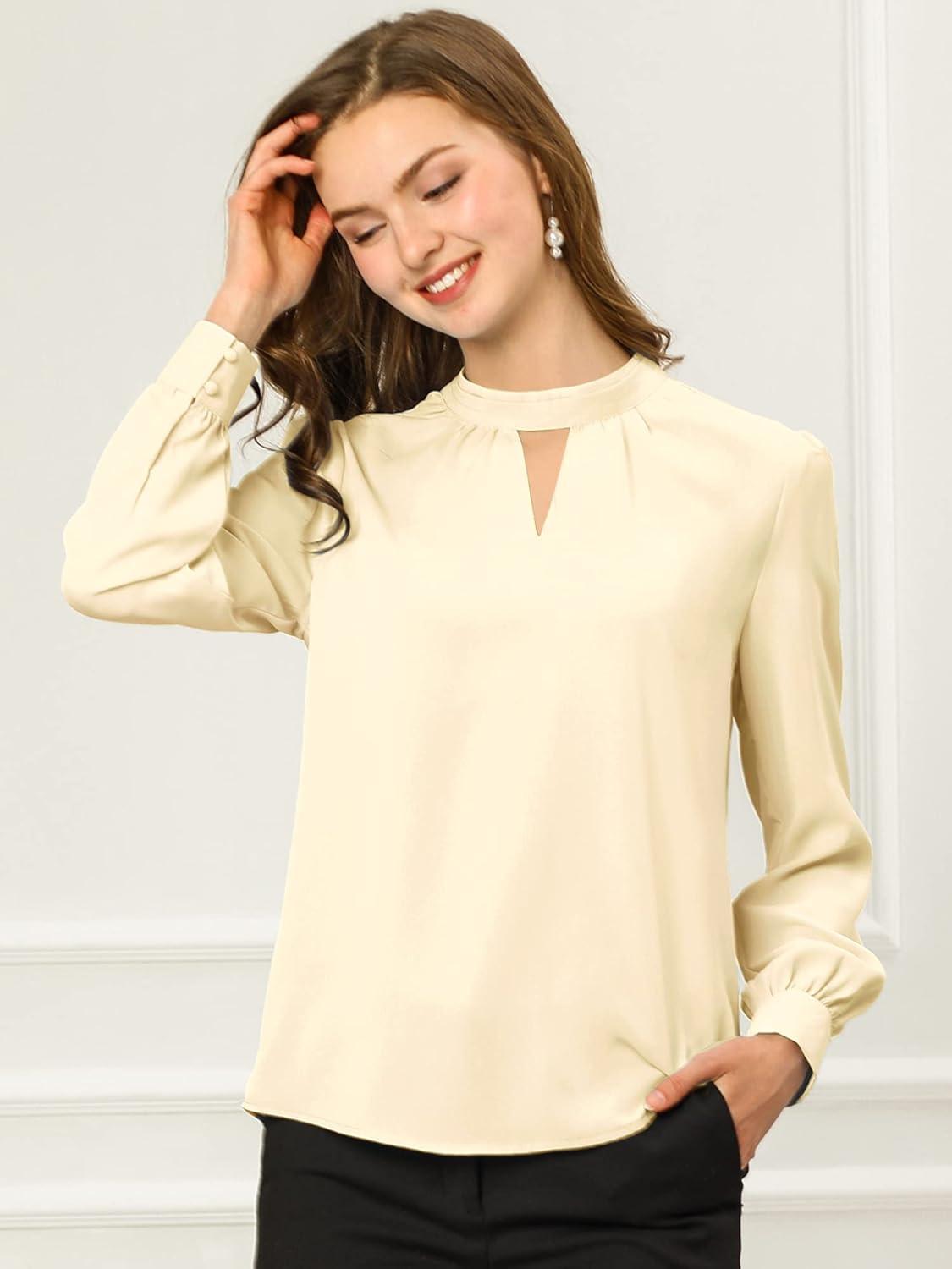 imageAllegra K Womens Work Tops Dressy Casual Shirts Mock Neck Keyhole Business Casual Long Sleeve BlouseBeige