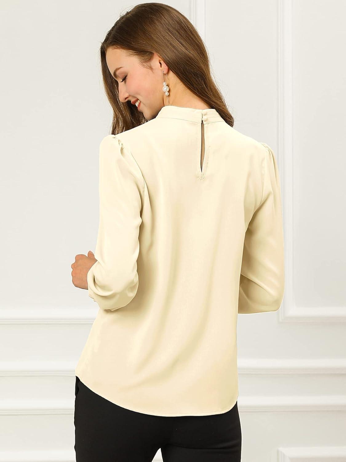 imageAllegra K Womens Work Tops Dressy Casual Shirts Mock Neck Keyhole Business Casual Long Sleeve BlouseBeige