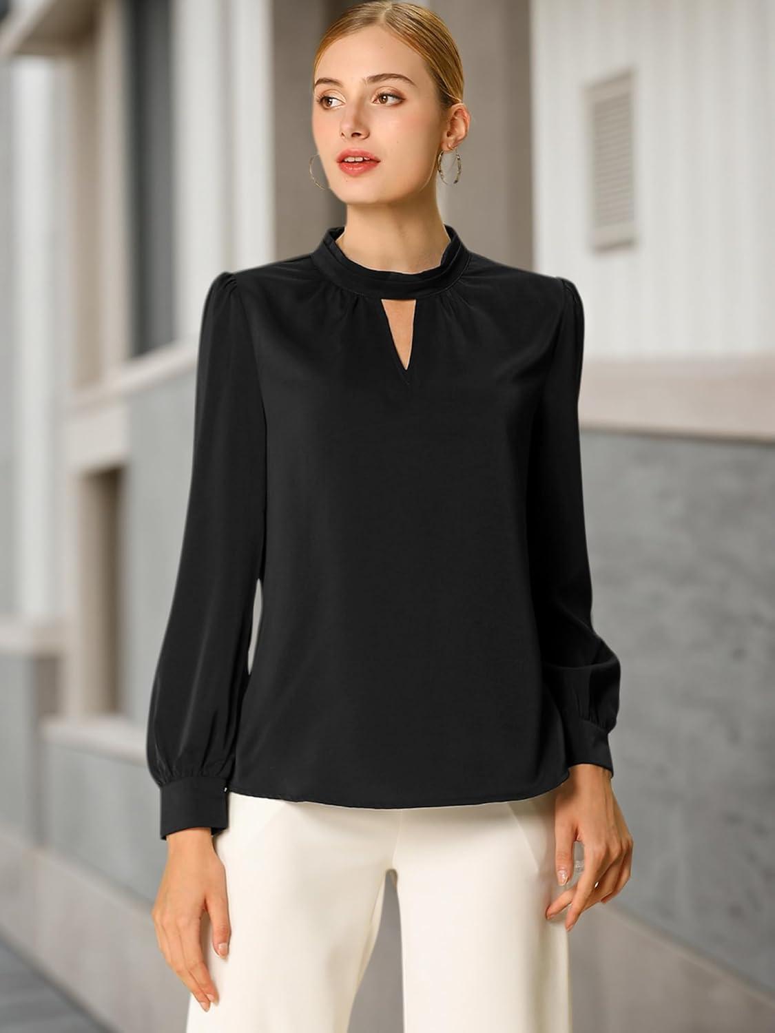 imageAllegra K Womens Work Tops Dressy Casual Shirts Mock Neck Keyhole Business Casual Long Sleeve BlouseBlack