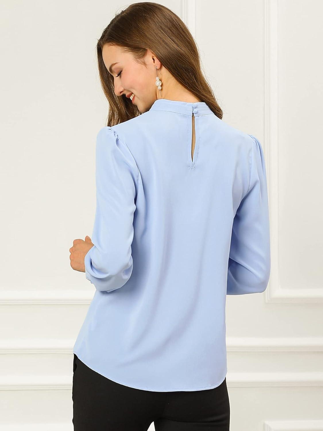 imageAllegra K Womens Work Tops Dressy Casual Shirts Mock Neck Keyhole Business Casual Long Sleeve BlouseBlue