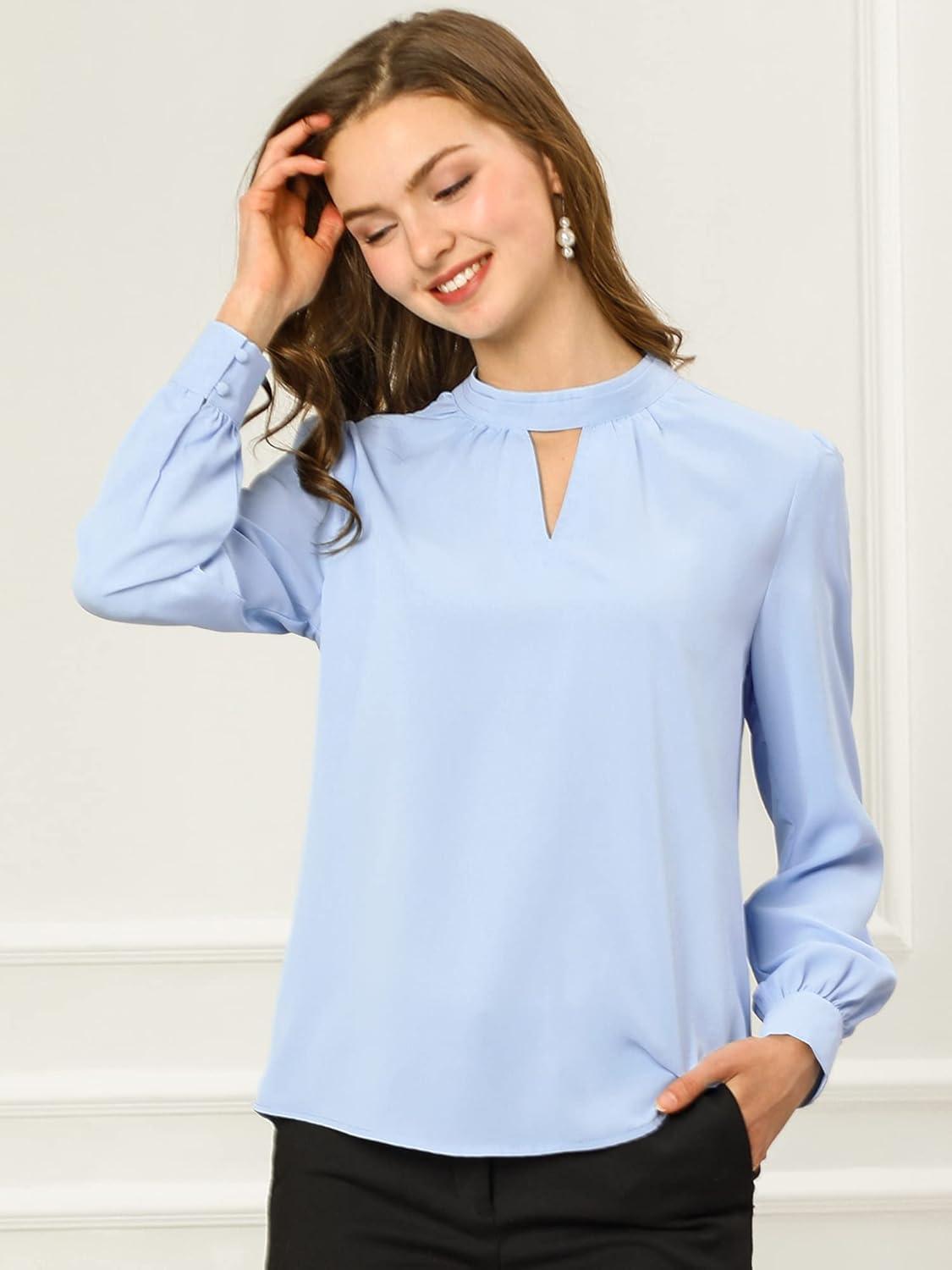 imageAllegra K Womens Work Tops Dressy Casual Shirts Mock Neck Keyhole Business Casual Long Sleeve BlouseBlue