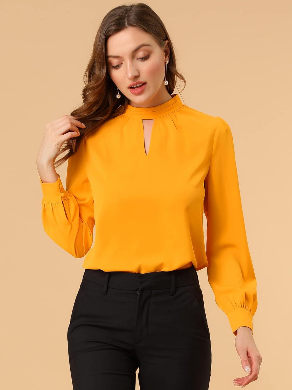 imageAllegra K Womens Work Tops Dressy Casual Shirts Mock Neck Keyhole Business Casual Long Sleeve BlouseBright Yellow