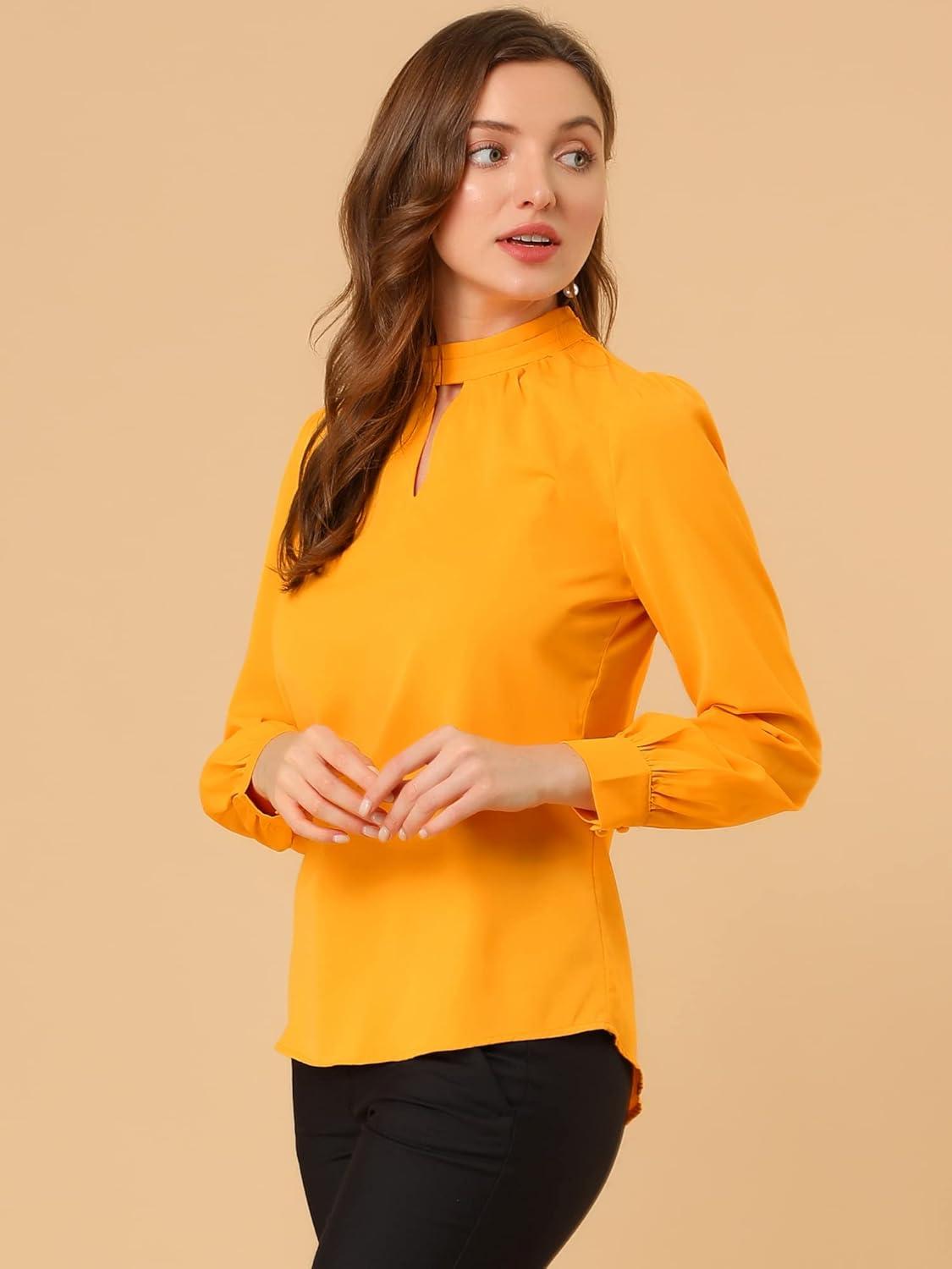 imageAllegra K Womens Work Tops Dressy Casual Shirts Mock Neck Keyhole Business Casual Long Sleeve BlouseBright Yellow