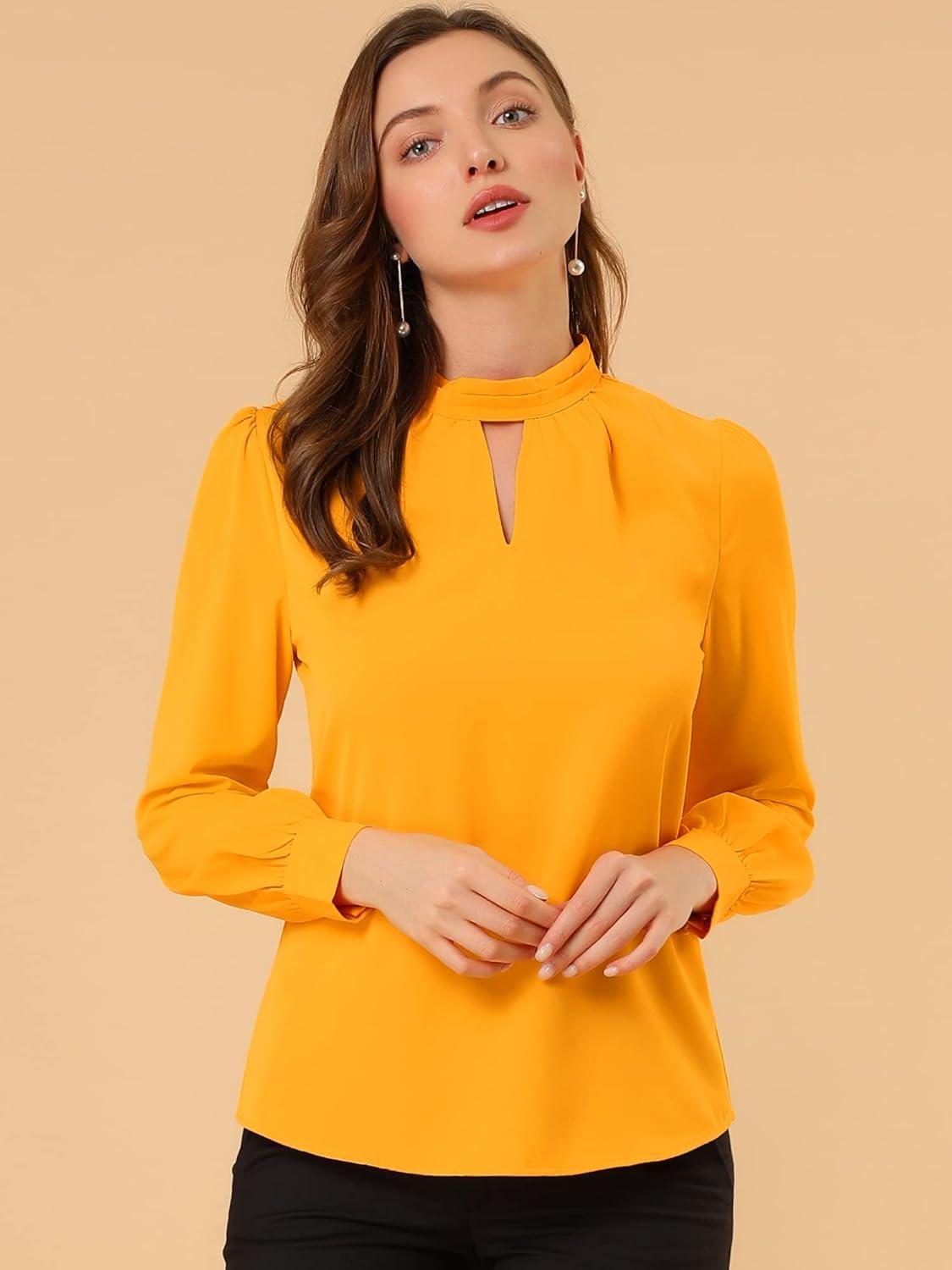 imageAllegra K Womens Work Tops Dressy Casual Shirts Mock Neck Keyhole Business Casual Long Sleeve BlouseBright Yellow