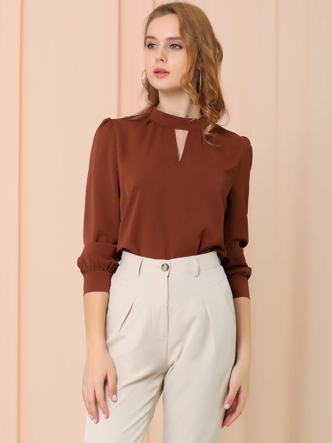imageAllegra K Womens Work Tops Dressy Casual Shirts Mock Neck Keyhole Business Casual Long Sleeve BlouseBrown