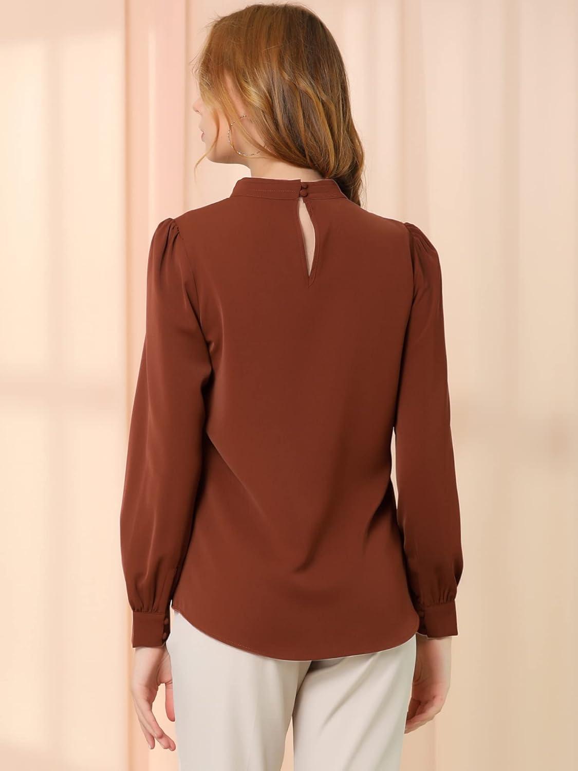 imageAllegra K Womens Work Tops Dressy Casual Shirts Mock Neck Keyhole Business Casual Long Sleeve BlouseBrown