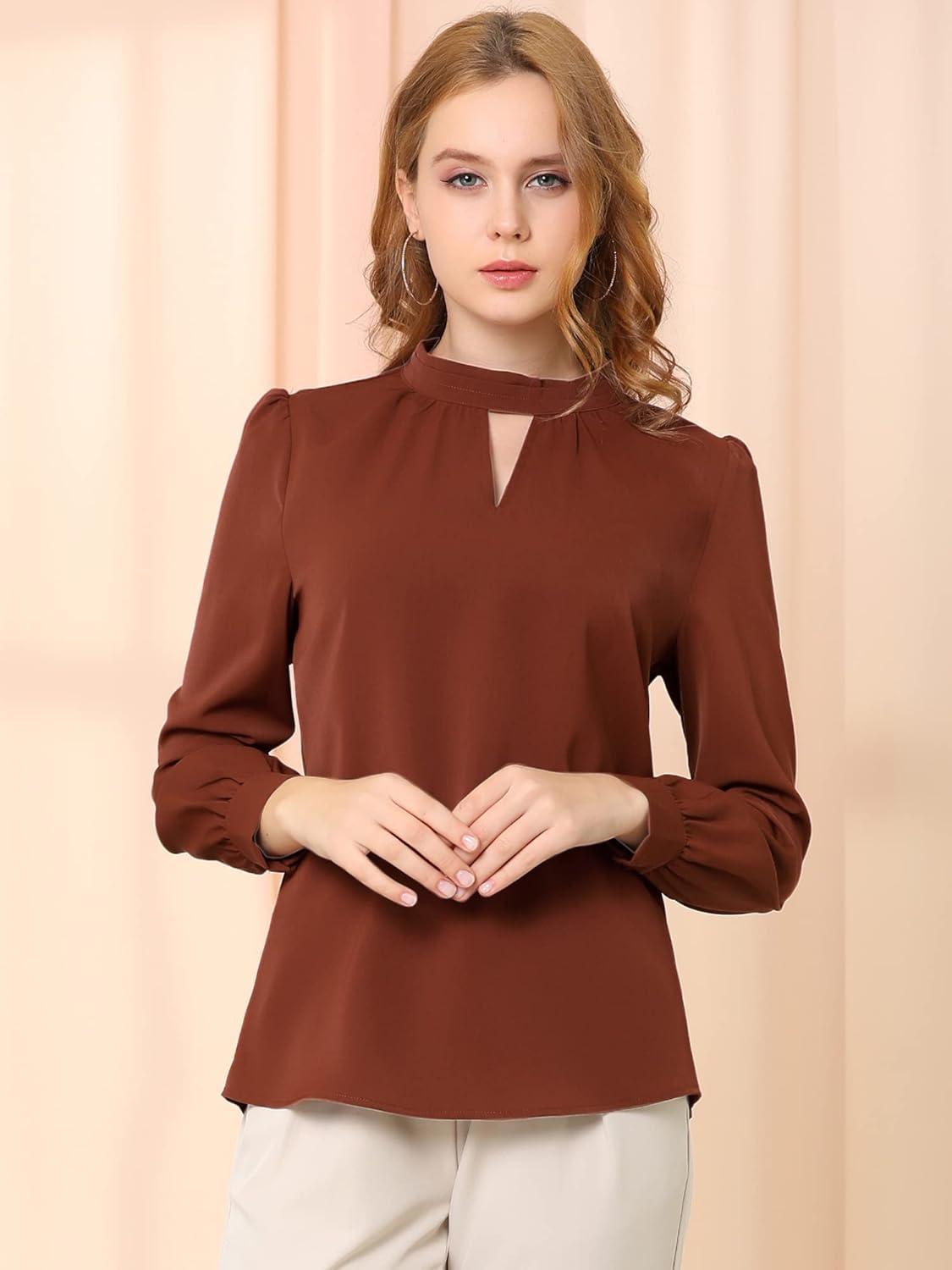 imageAllegra K Womens Work Tops Dressy Casual Shirts Mock Neck Keyhole Business Casual Long Sleeve BlouseBrown