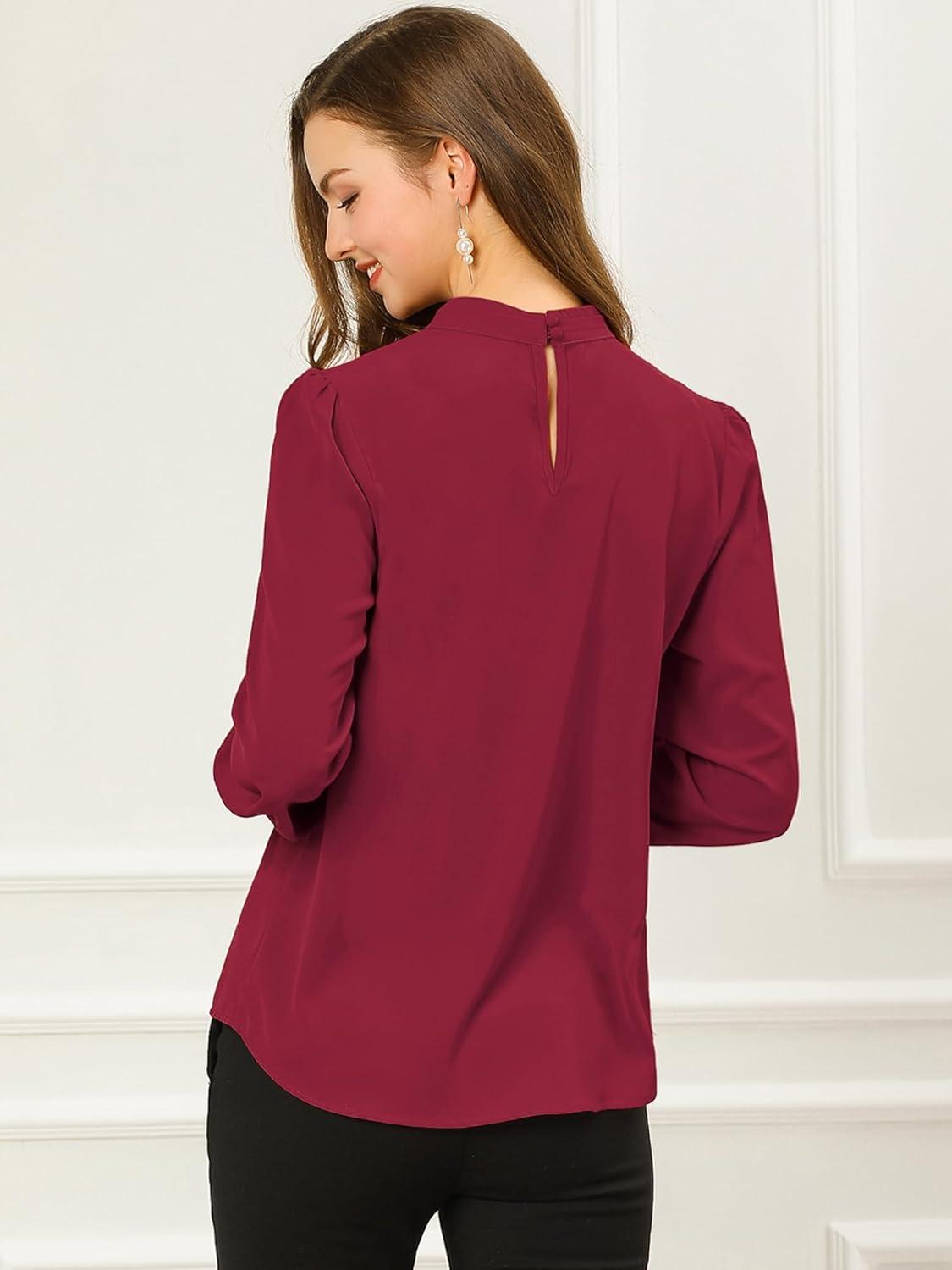 imageAllegra K Womens Work Tops Dressy Casual Shirts Mock Neck Keyhole Business Casual Long Sleeve BlouseBurgundy