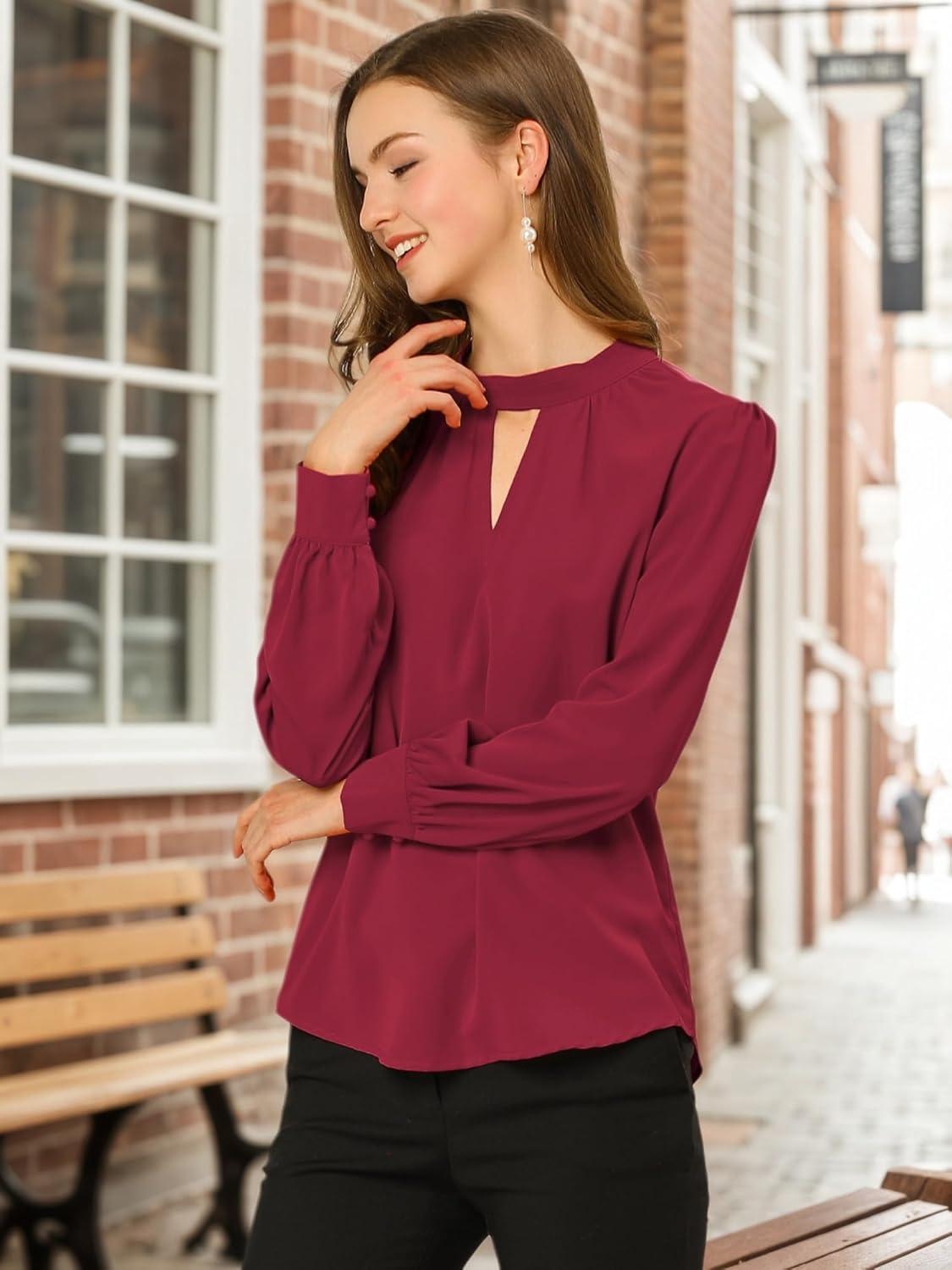 imageAllegra K Womens Work Tops Dressy Casual Shirts Mock Neck Keyhole Business Casual Long Sleeve BlouseBurgundy