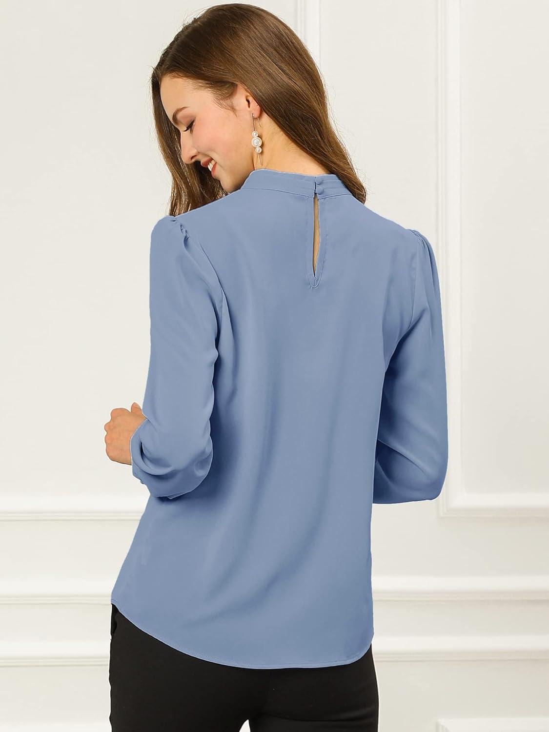 imageAllegra K Womens Work Tops Dressy Casual Shirts Mock Neck Keyhole Business Casual Long Sleeve BlouseDark Blue
