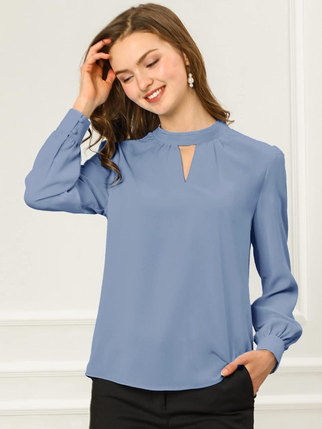 imageAllegra K Womens Work Tops Dressy Casual Shirts Mock Neck Keyhole Business Casual Long Sleeve BlouseDark Blue