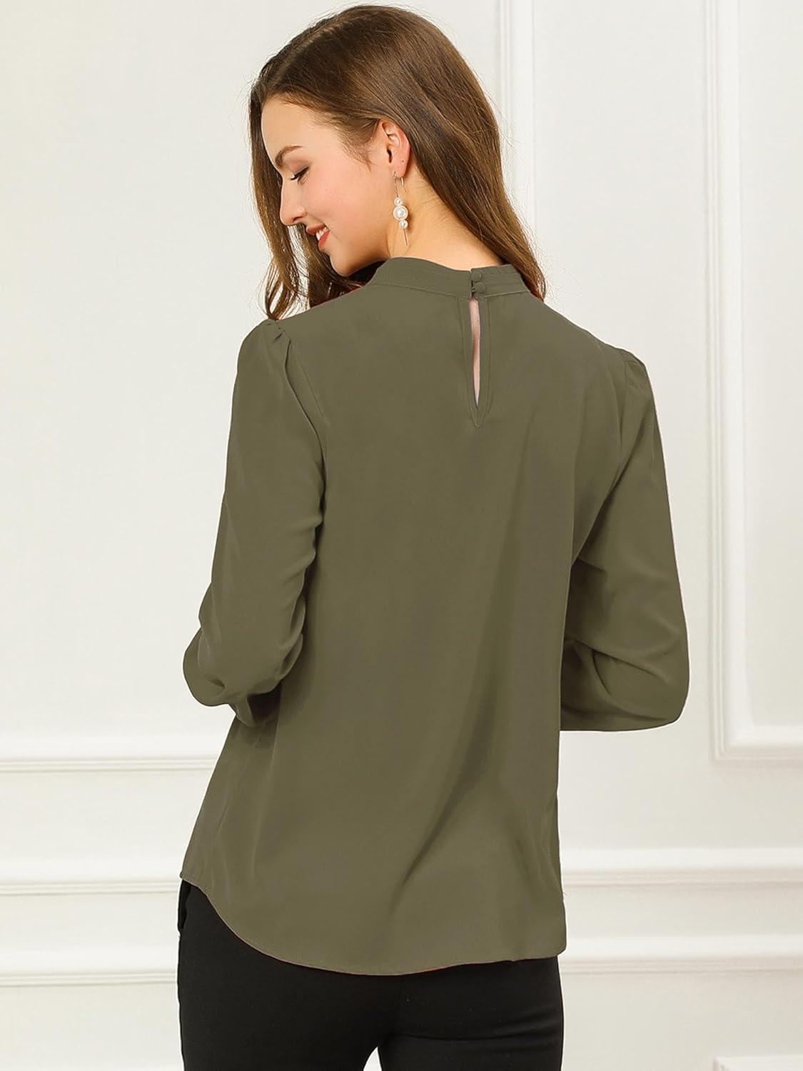 imageAllegra K Womens Work Tops Dressy Casual Shirts Mock Neck Keyhole Business Casual Long Sleeve BlouseDark Green