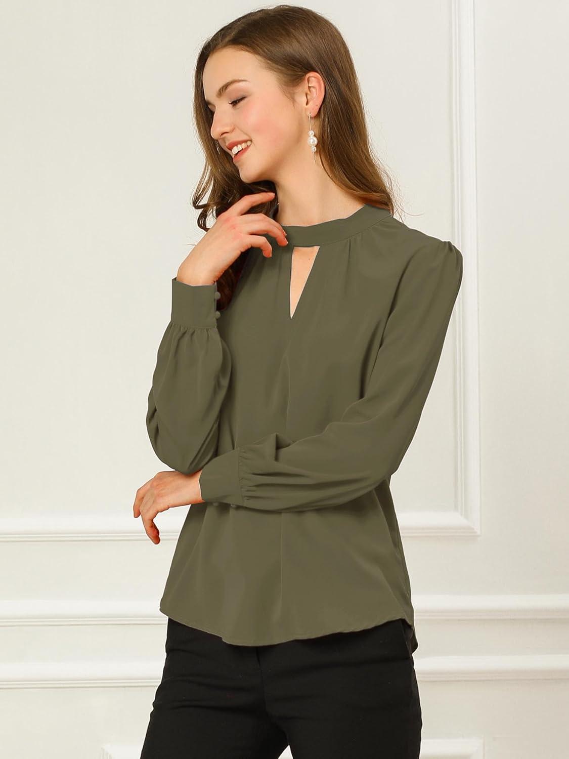 imageAllegra K Womens Work Tops Dressy Casual Shirts Mock Neck Keyhole Business Casual Long Sleeve BlouseDark Green