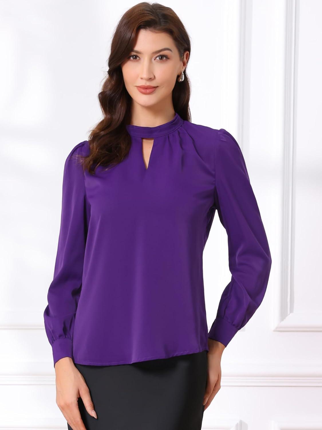 imageAllegra K Womens Work Tops Dressy Casual Shirts Mock Neck Keyhole Business Casual Long Sleeve BlouseDark Purple