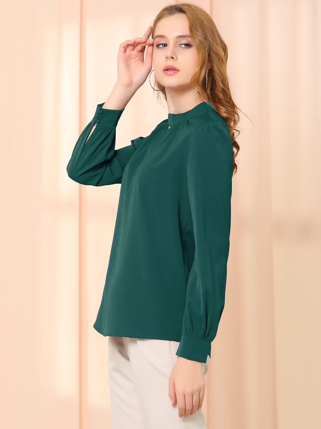 imageAllegra K Womens Work Tops Dressy Casual Shirts Mock Neck Keyhole Business Casual Long Sleeve BlouseDeep Green