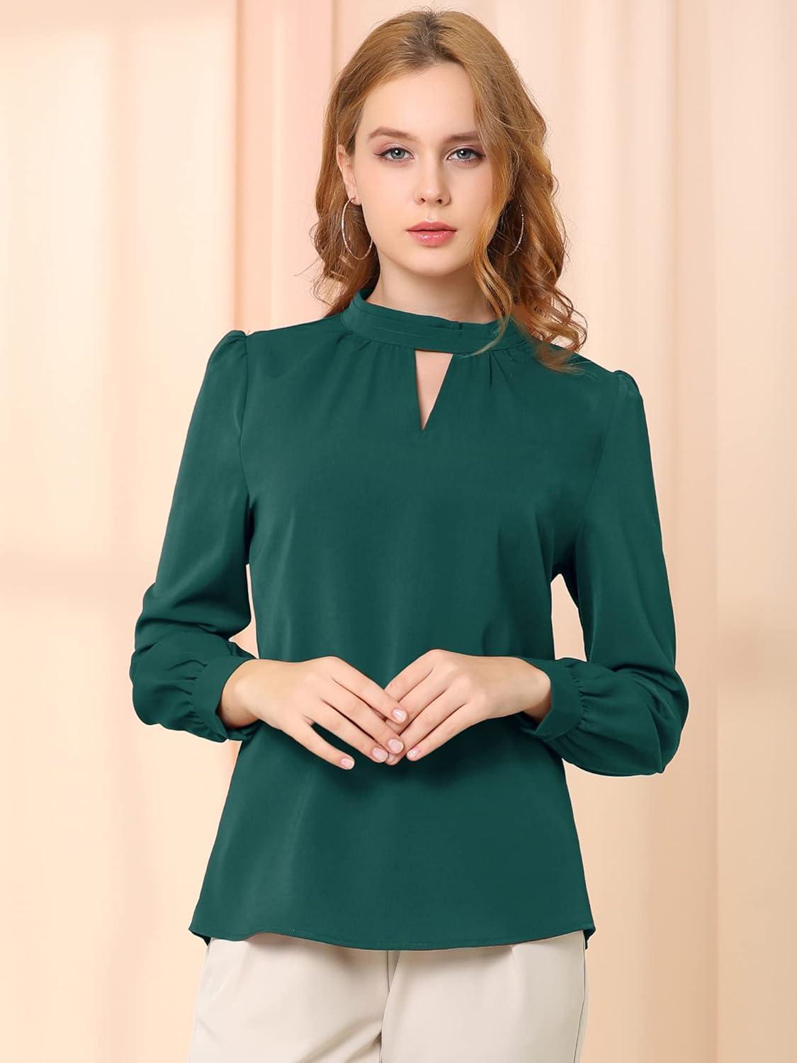 imageAllegra K Womens Work Tops Dressy Casual Shirts Mock Neck Keyhole Business Casual Long Sleeve BlouseDeep Green
