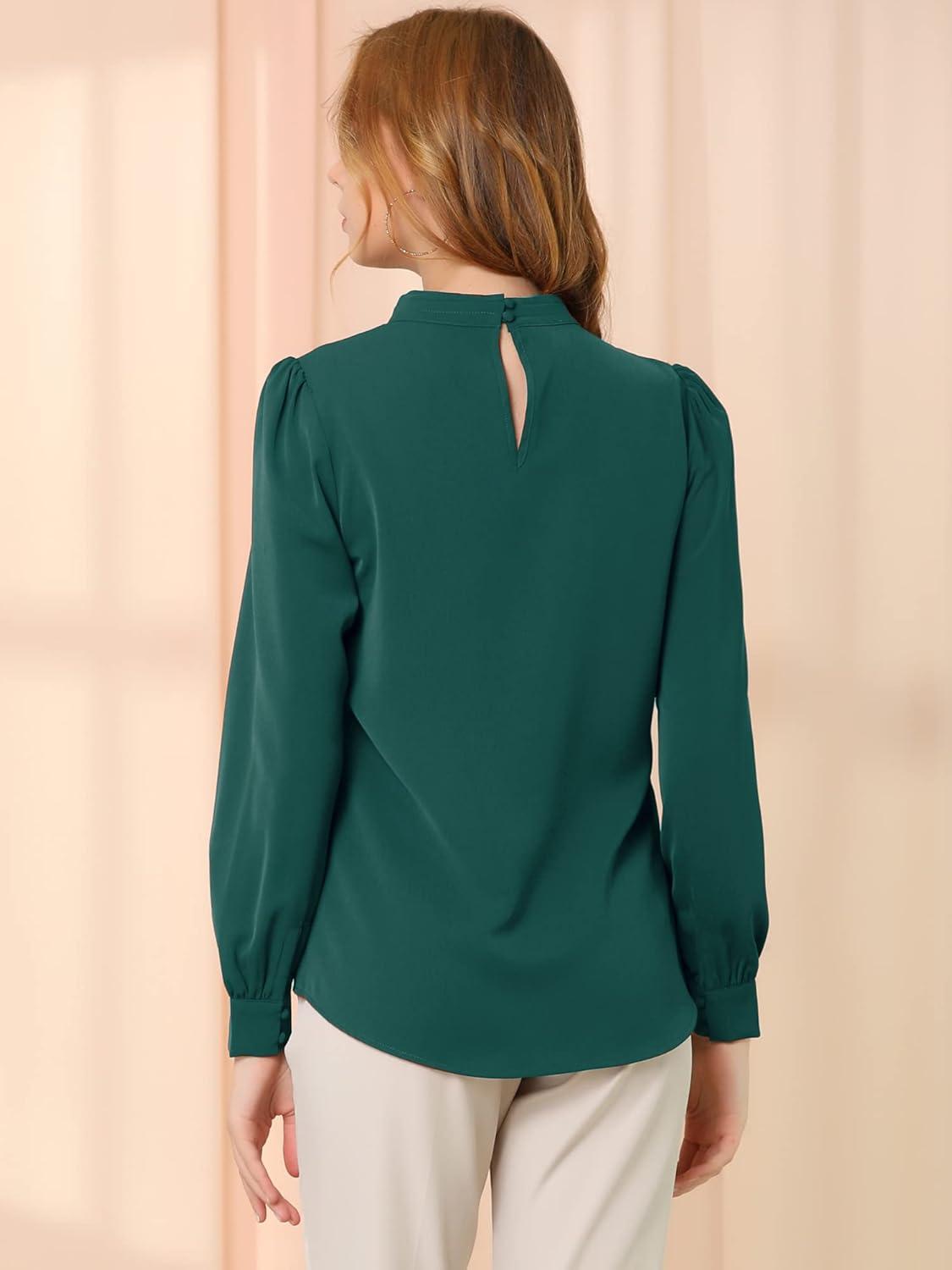 imageAllegra K Womens Work Tops Dressy Casual Shirts Mock Neck Keyhole Business Casual Long Sleeve BlouseDeep Green
