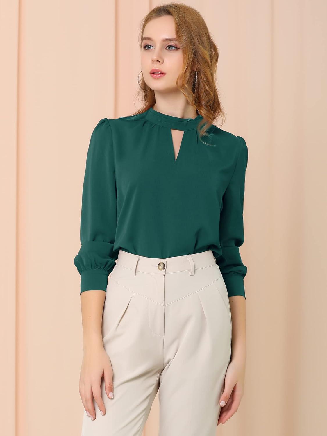imageAllegra K Womens Work Tops Dressy Casual Shirts Mock Neck Keyhole Business Casual Long Sleeve BlouseDeep Green