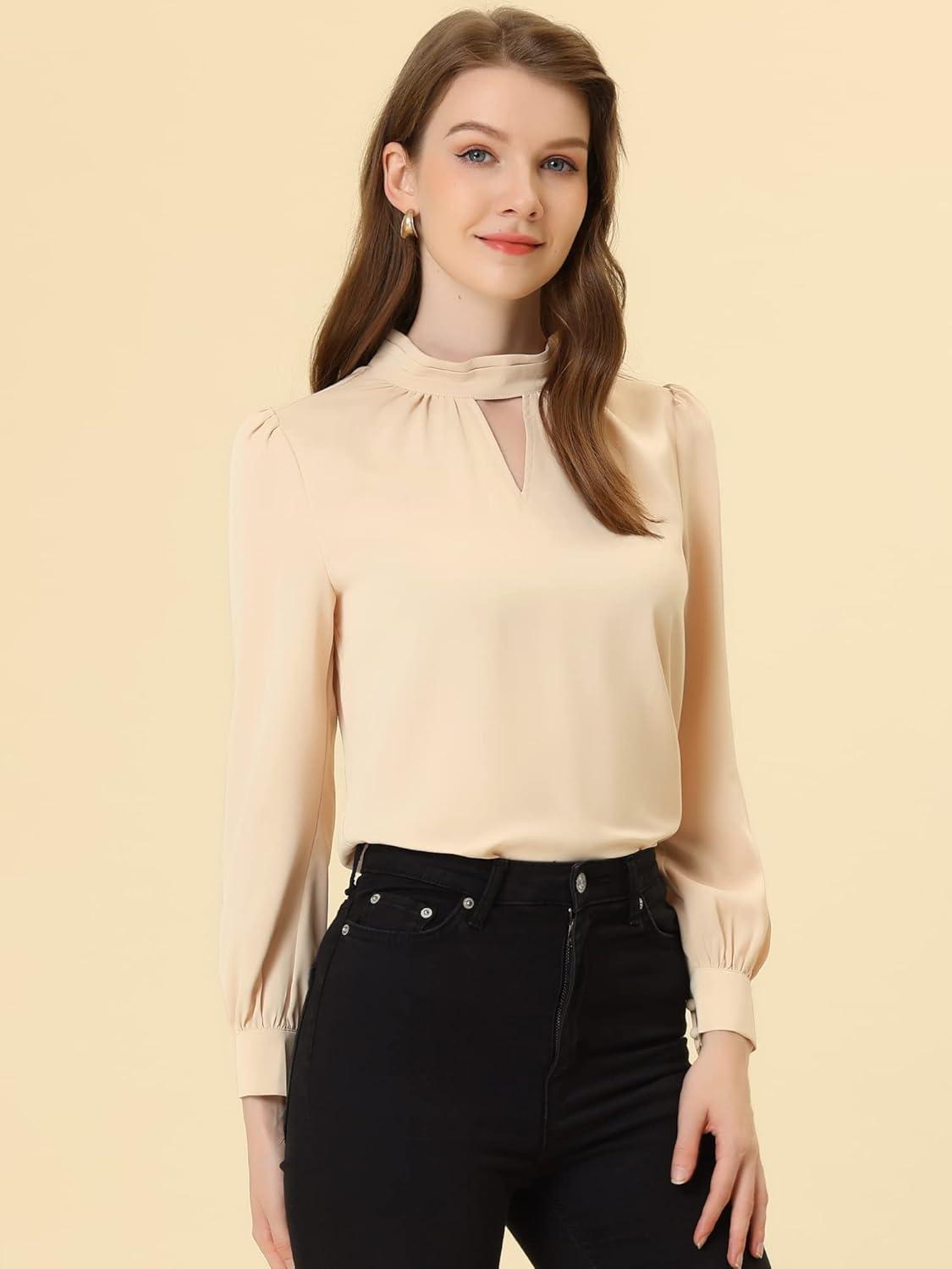imageAllegra K Womens Work Tops Dressy Casual Shirts Mock Neck Keyhole Business Casual Long Sleeve BlouseFreshpink