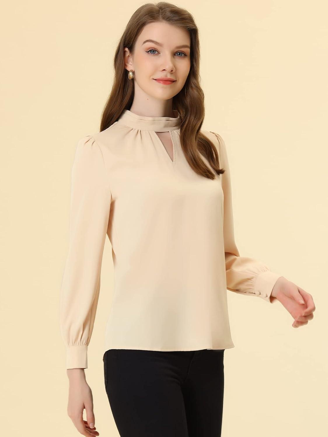 imageAllegra K Womens Work Tops Dressy Casual Shirts Mock Neck Keyhole Business Casual Long Sleeve BlouseFreshpink