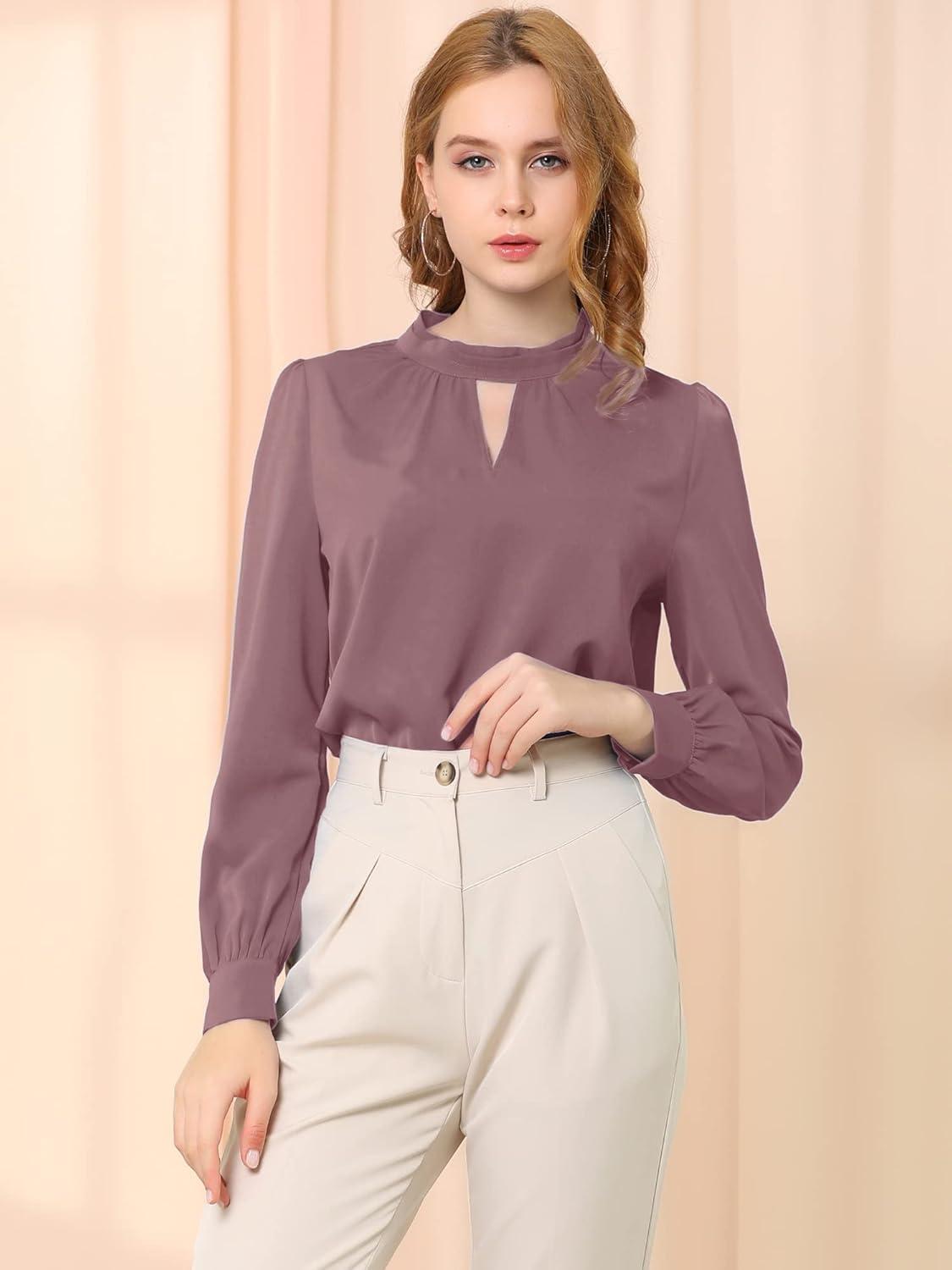 imageAllegra K Womens Work Tops Dressy Casual Shirts Mock Neck Keyhole Business Casual Long Sleeve BlouseGray Purple