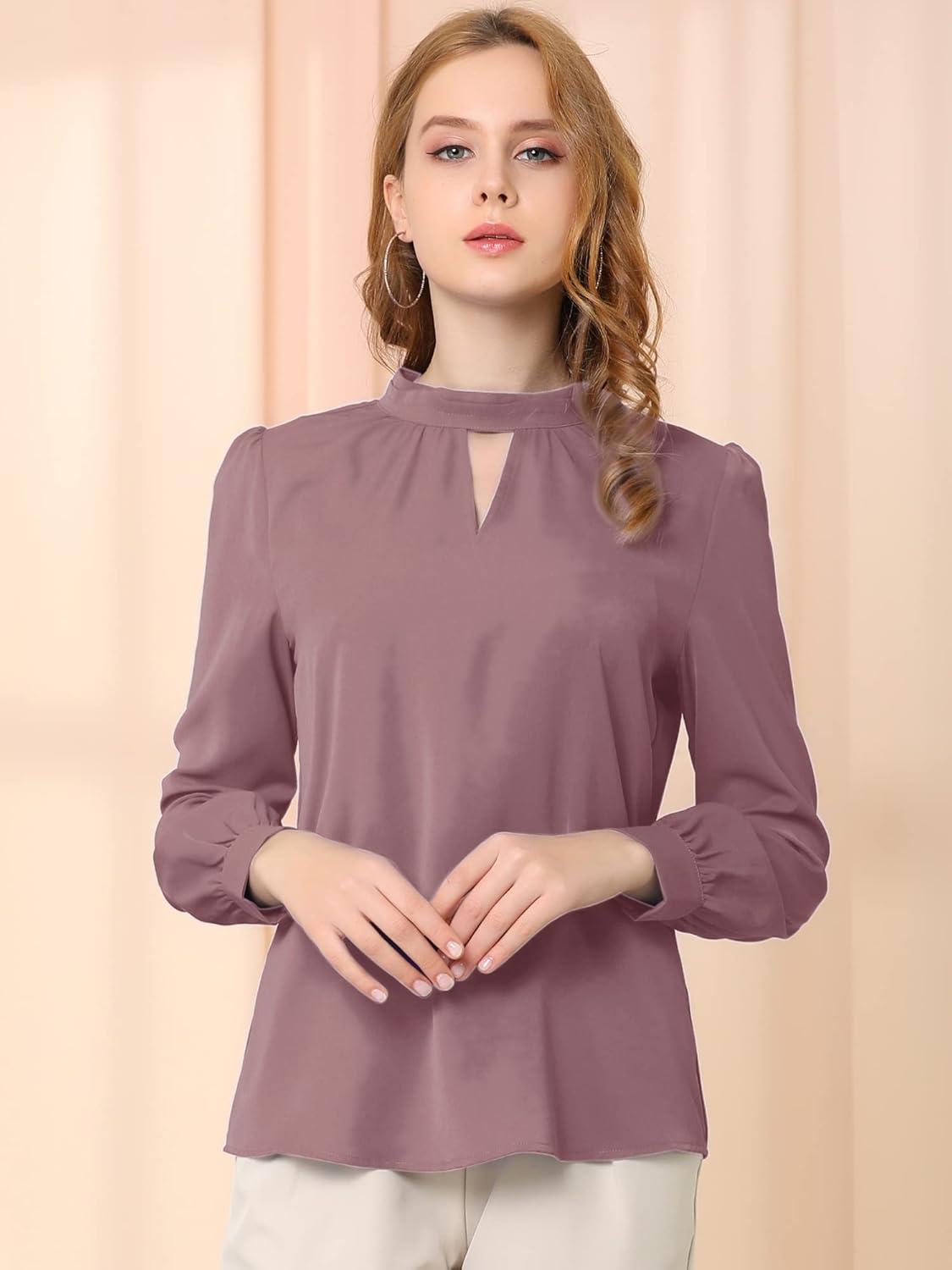imageAllegra K Womens Work Tops Dressy Casual Shirts Mock Neck Keyhole Business Casual Long Sleeve BlouseGray Purple