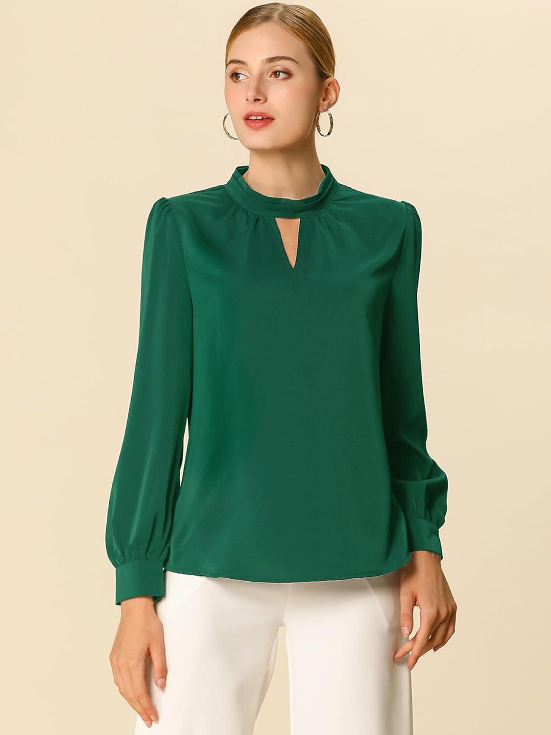 imageAllegra K Womens Work Tops Dressy Casual Shirts Mock Neck Keyhole Business Casual Long Sleeve BlouseGreen