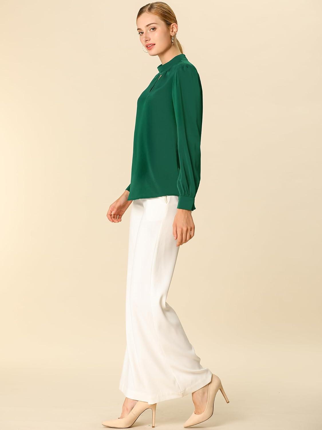 imageAllegra K Womens Work Tops Dressy Casual Shirts Mock Neck Keyhole Business Casual Long Sleeve BlouseGreen