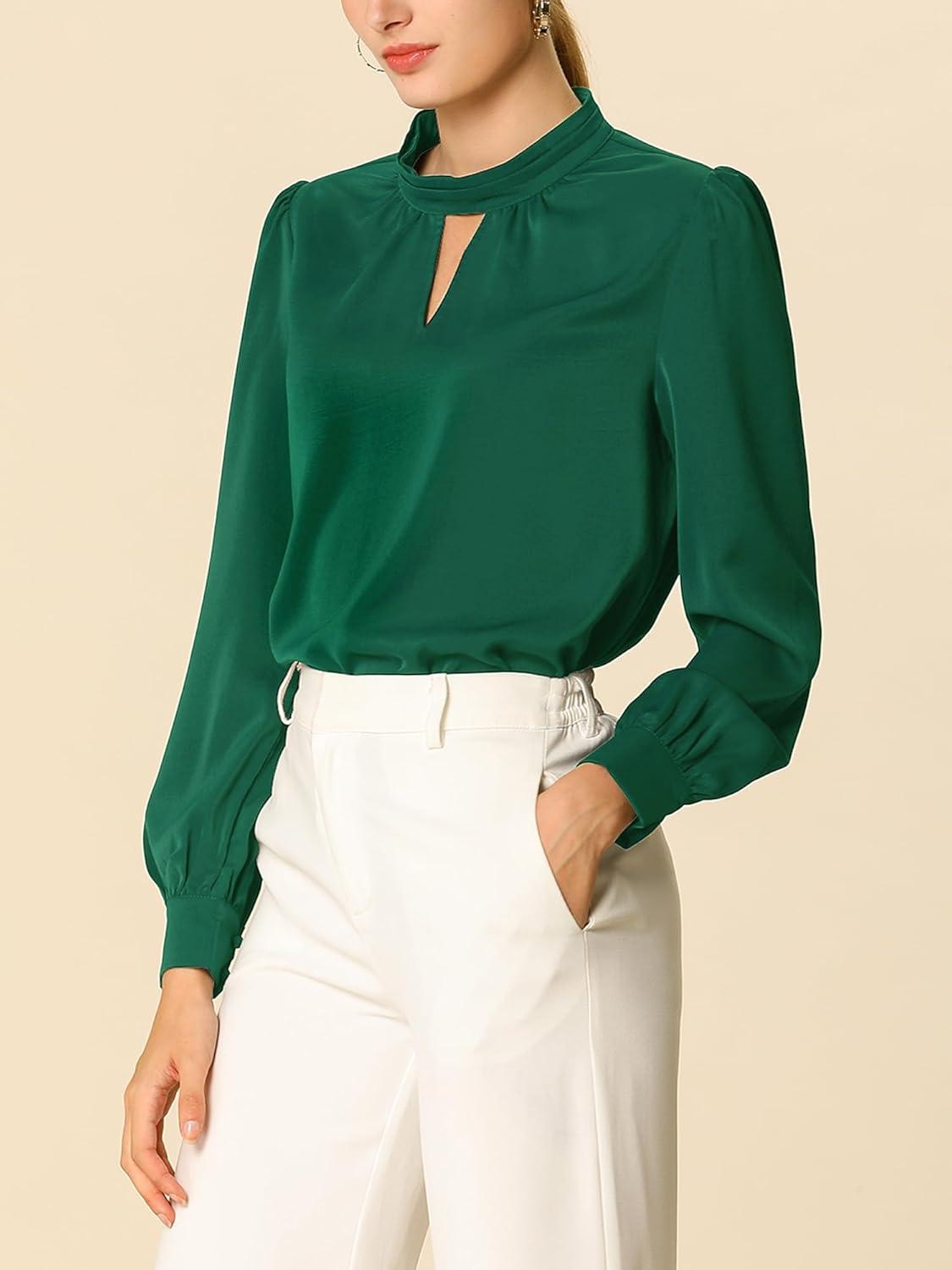 imageAllegra K Womens Work Tops Dressy Casual Shirts Mock Neck Keyhole Business Casual Long Sleeve BlouseGreen