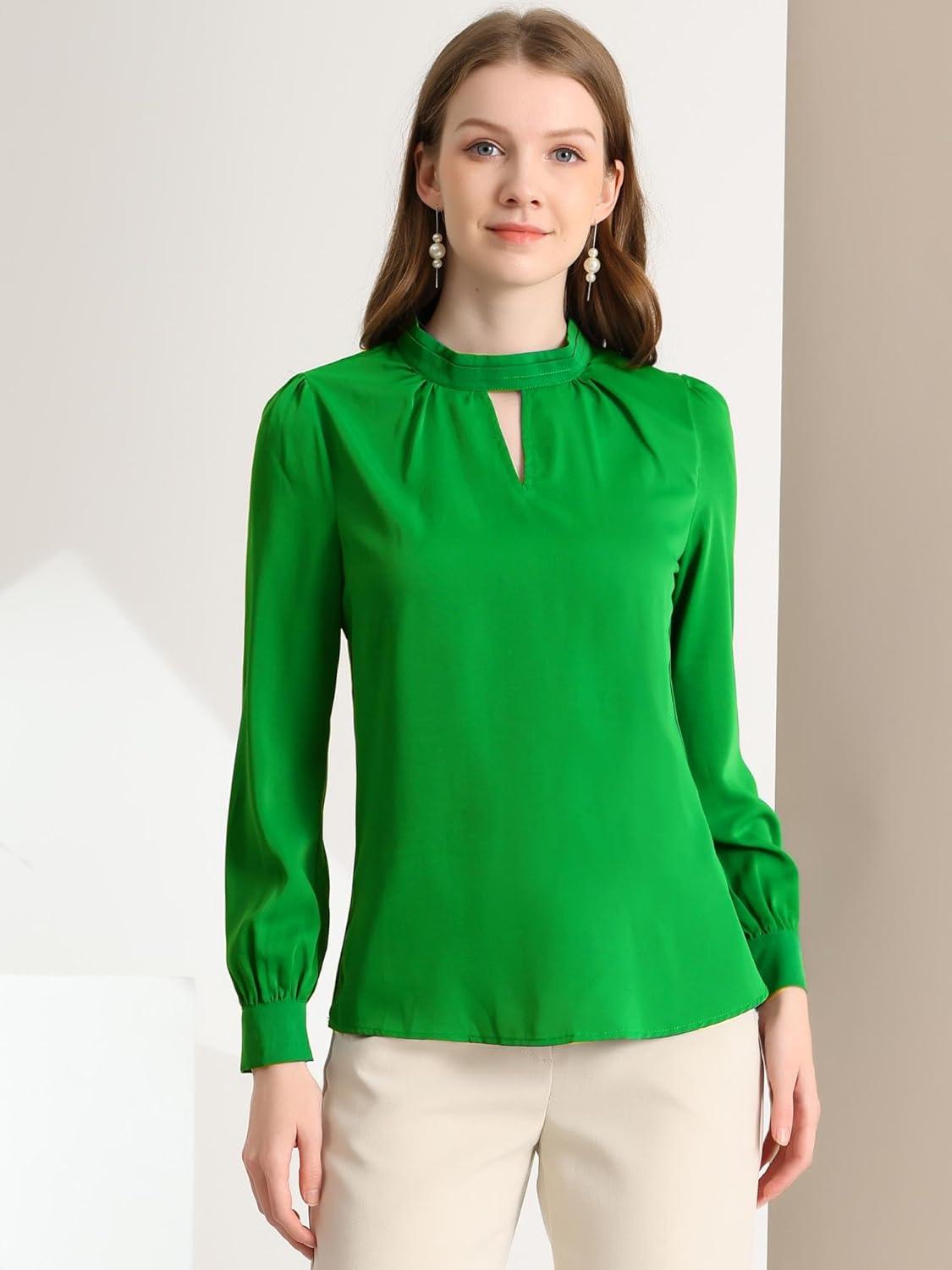 imageAllegra K Womens Work Tops Dressy Casual Shirts Mock Neck Keyhole Business Casual Long Sleeve BlouseGreen1