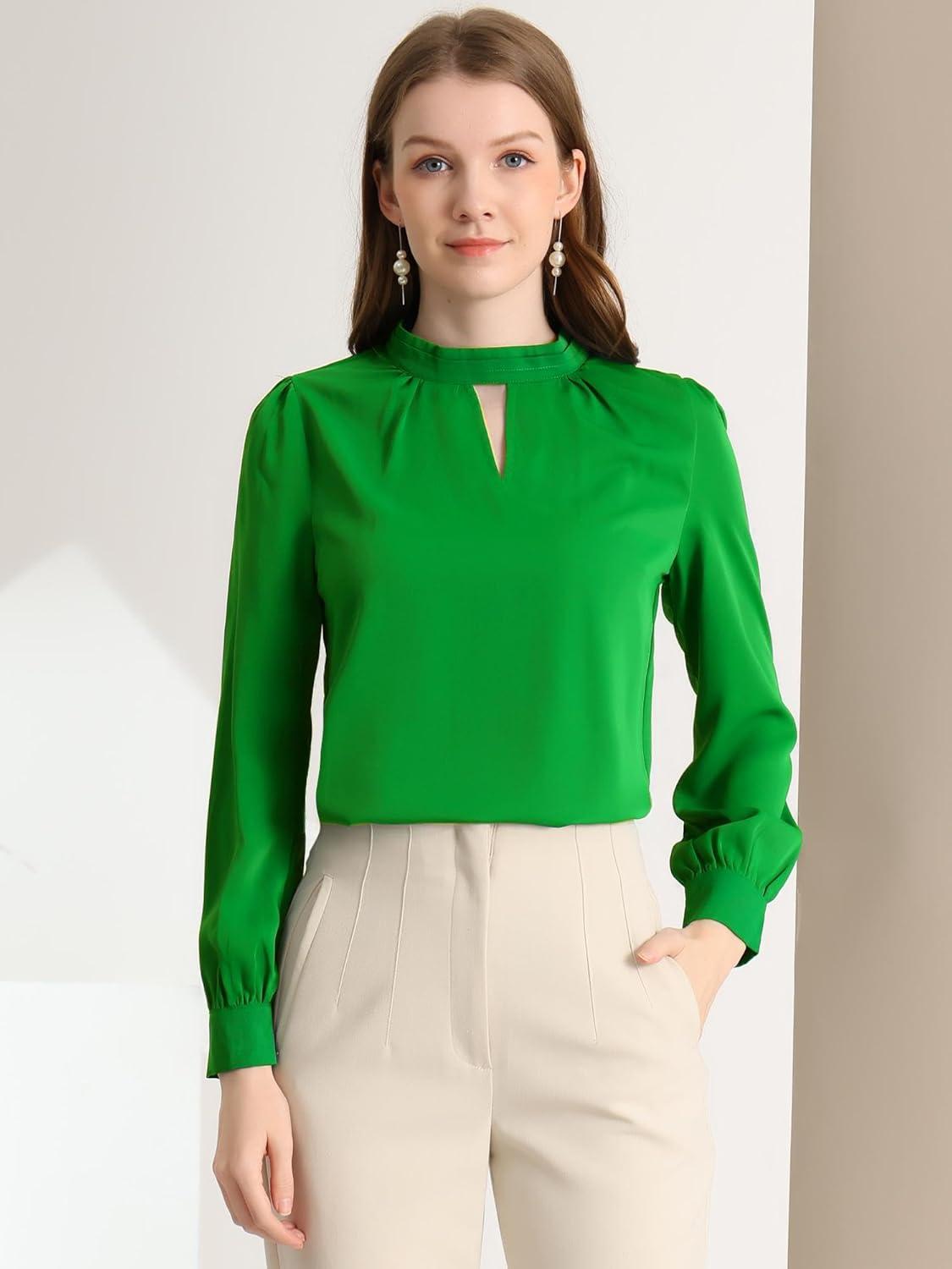 imageAllegra K Womens Work Tops Dressy Casual Shirts Mock Neck Keyhole Business Casual Long Sleeve BlouseGreen1