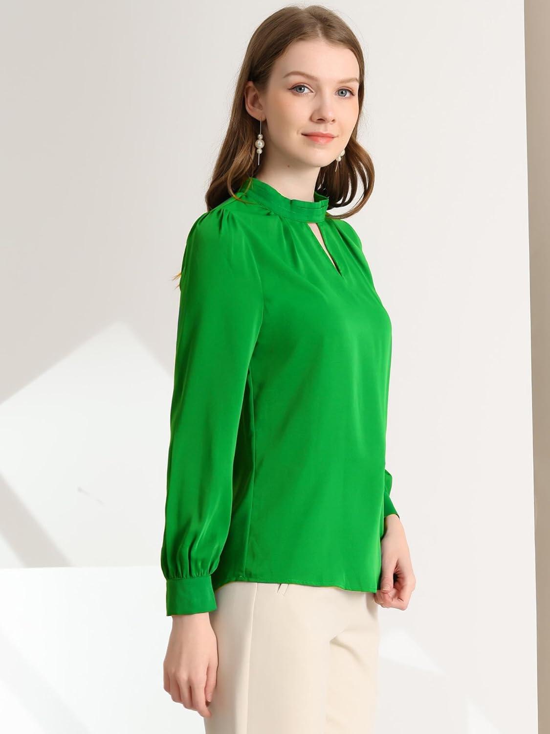 imageAllegra K Womens Work Tops Dressy Casual Shirts Mock Neck Keyhole Business Casual Long Sleeve BlouseGreen1