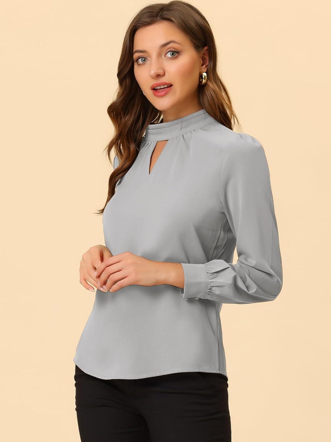 imageAllegra K Womens Work Tops Dressy Casual Shirts Mock Neck Keyhole Business Casual Long Sleeve BlouseGrey