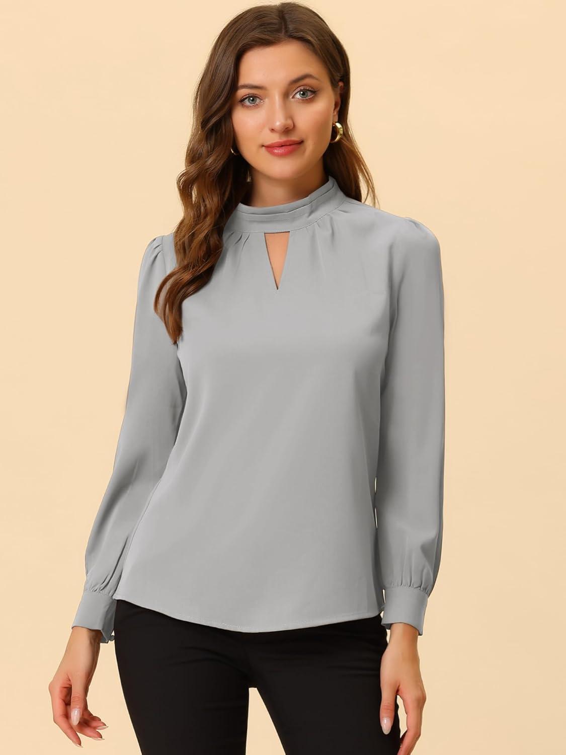 imageAllegra K Womens Work Tops Dressy Casual Shirts Mock Neck Keyhole Business Casual Long Sleeve BlouseGrey