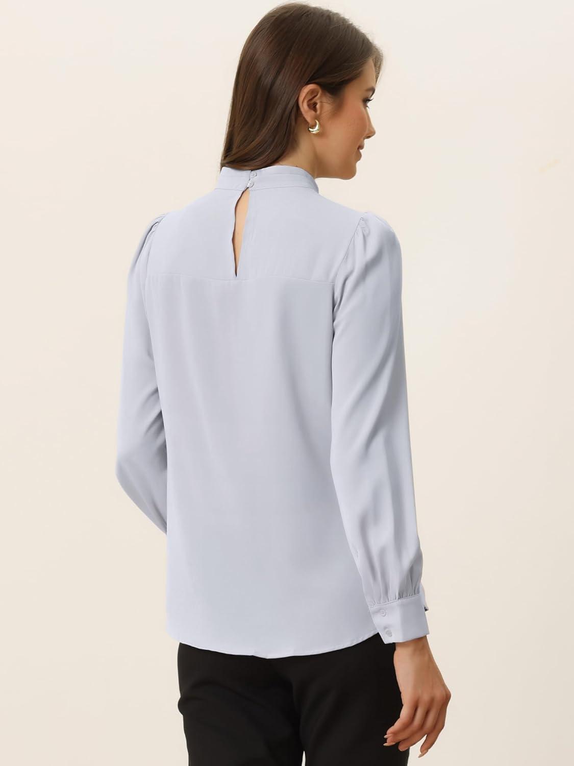 imageAllegra K Womens Work Tops Dressy Casual Shirts Mock Neck Keyhole Business Casual Long Sleeve BlouseGrey White