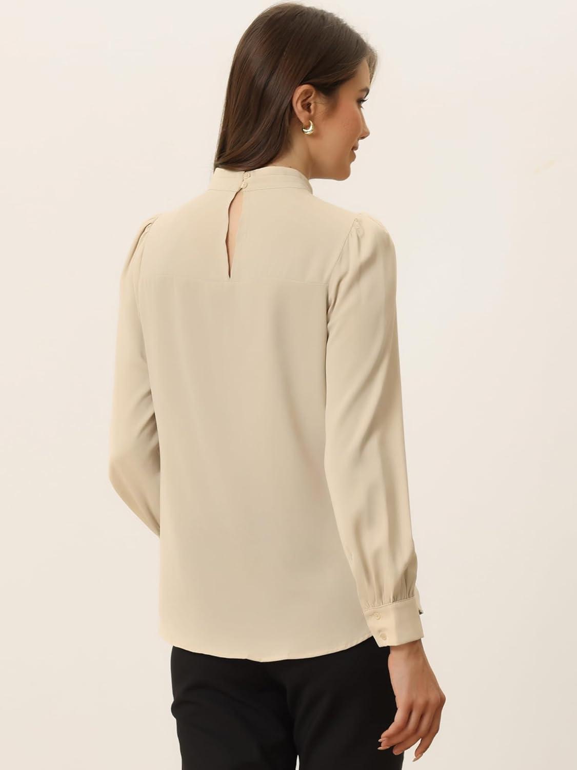 imageAllegra K Womens Work Tops Dressy Casual Shirts Mock Neck Keyhole Business Casual Long Sleeve BlouseKhaki