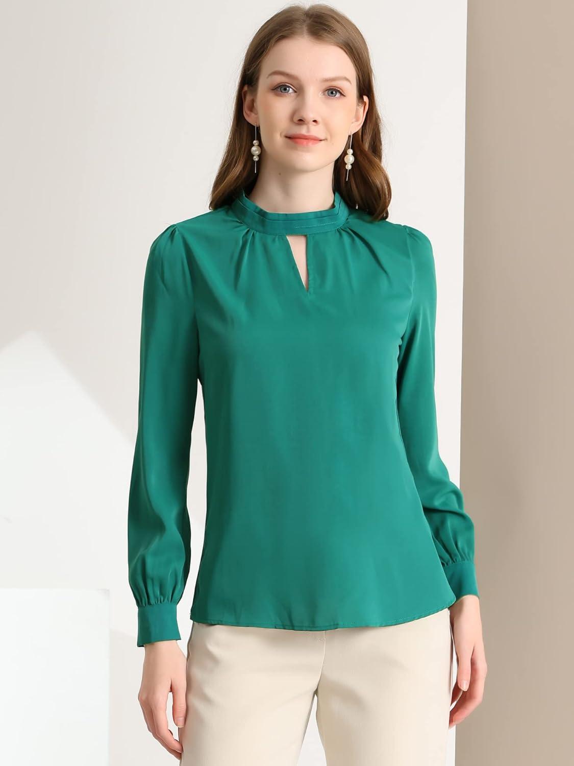 imageAllegra K Womens Work Tops Dressy Casual Shirts Mock Neck Keyhole Business Casual Long Sleeve BlouseLake Blue