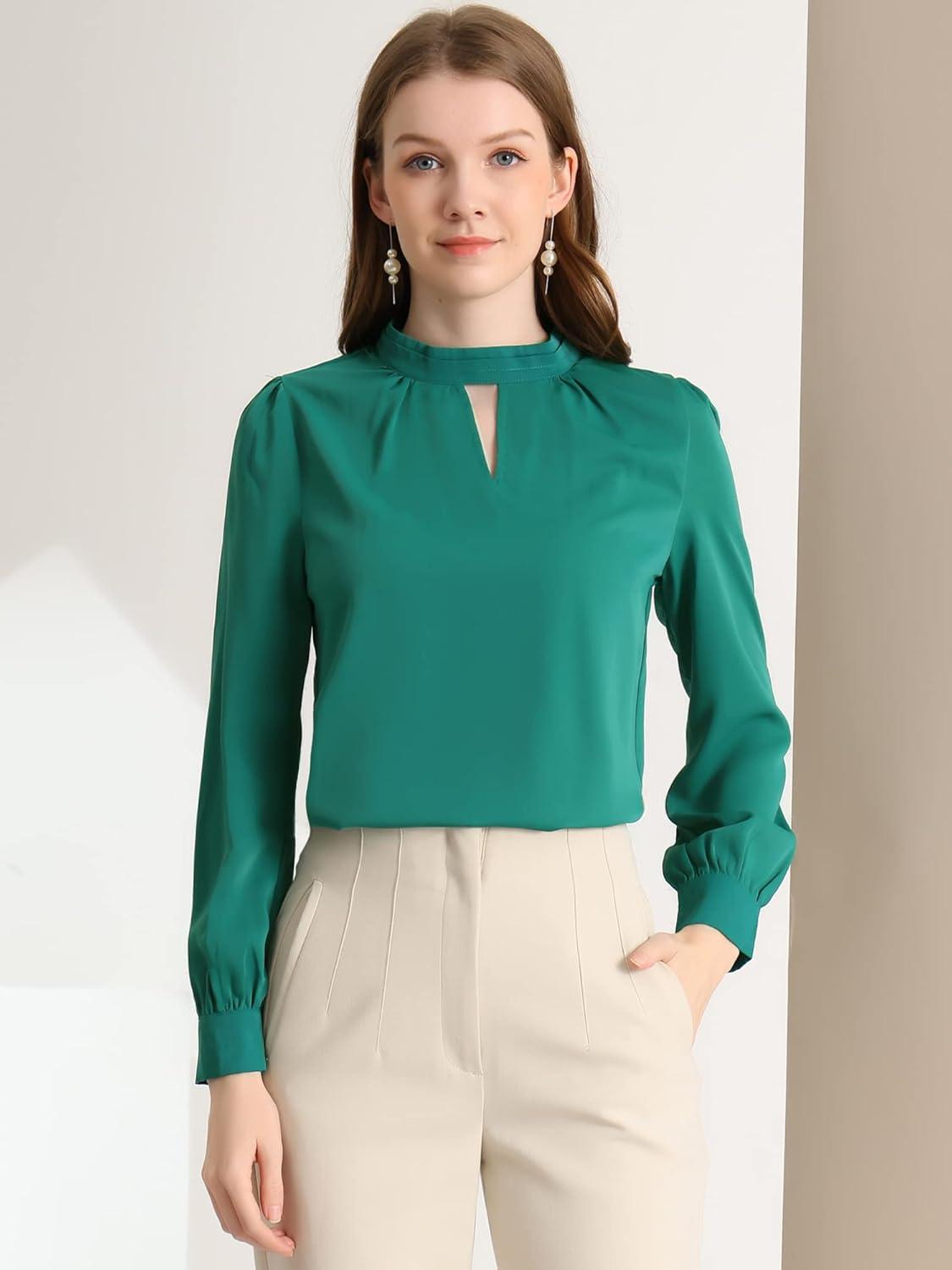 imageAllegra K Womens Work Tops Dressy Casual Shirts Mock Neck Keyhole Business Casual Long Sleeve BlouseLake Blue