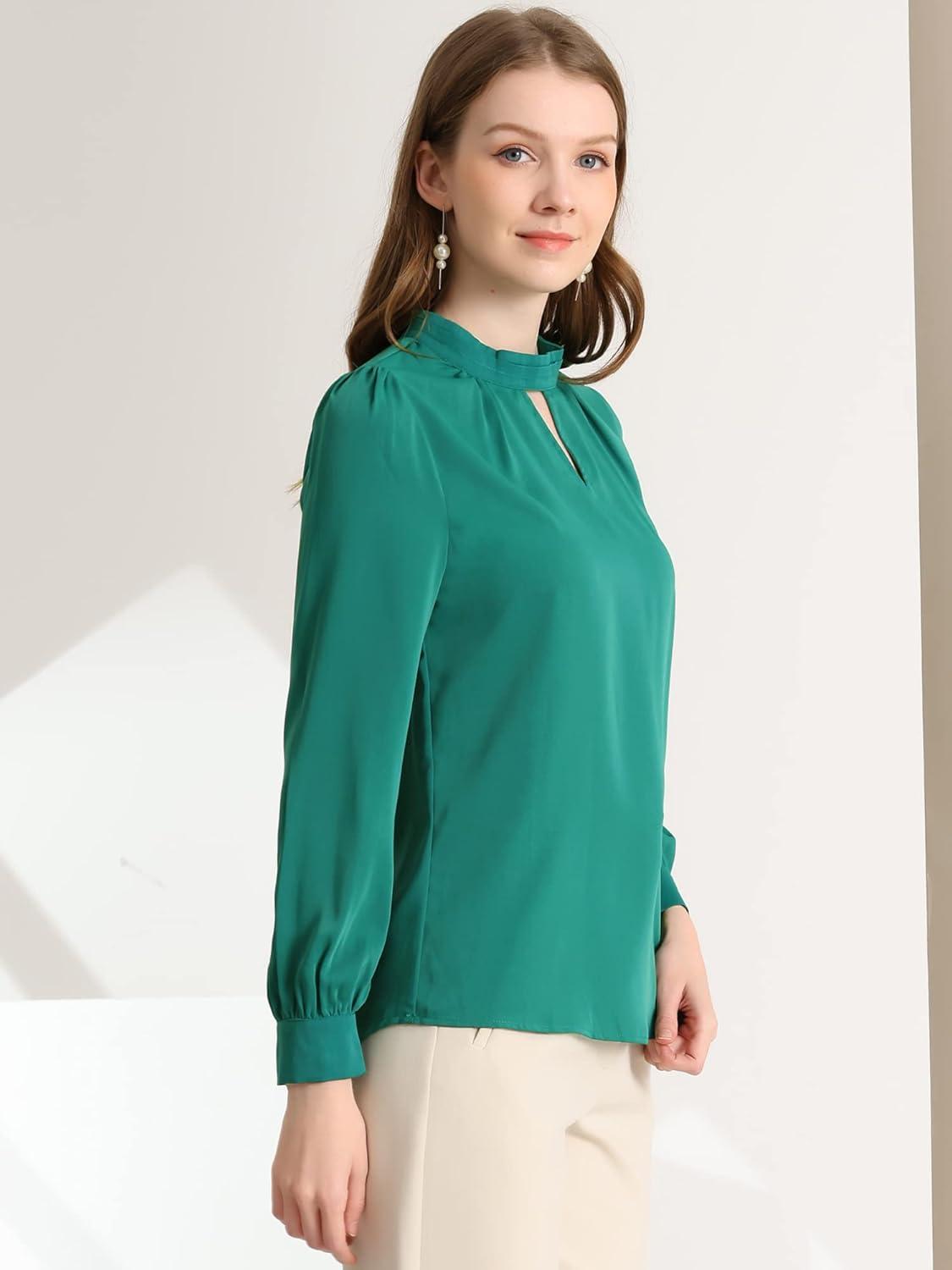 imageAllegra K Womens Work Tops Dressy Casual Shirts Mock Neck Keyhole Business Casual Long Sleeve BlouseLake Blue