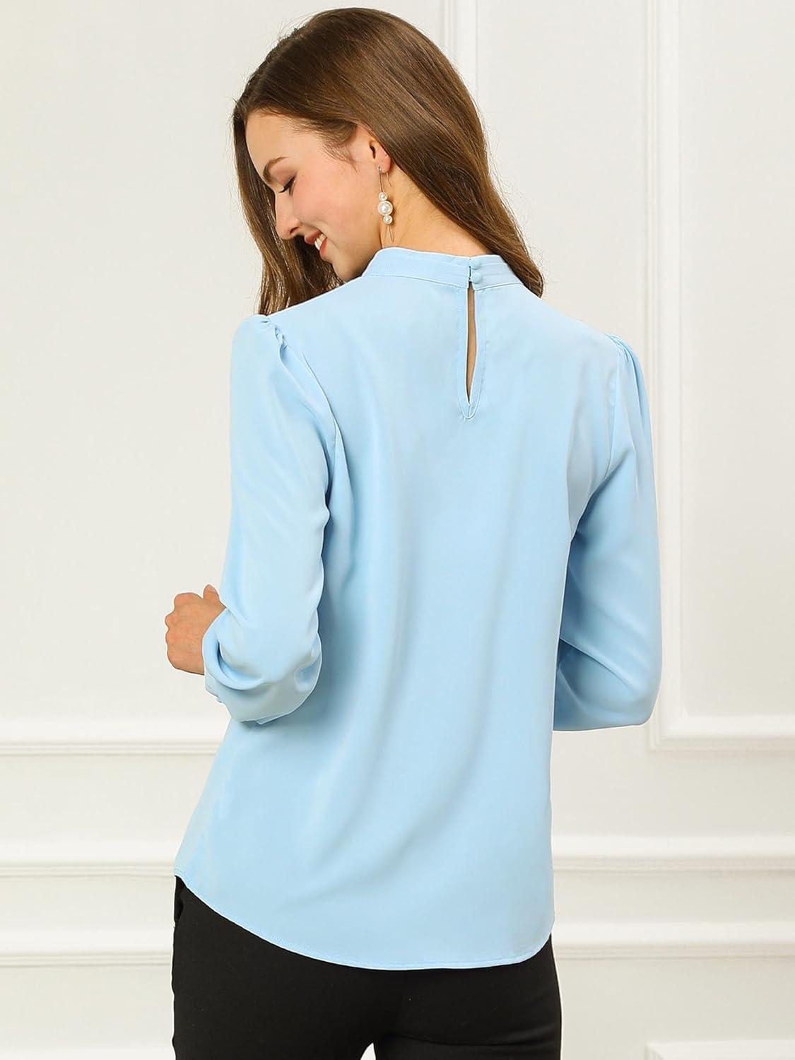 imageAllegra K Womens Work Tops Dressy Casual Shirts Mock Neck Keyhole Business Casual Long Sleeve BlouseLight Blue