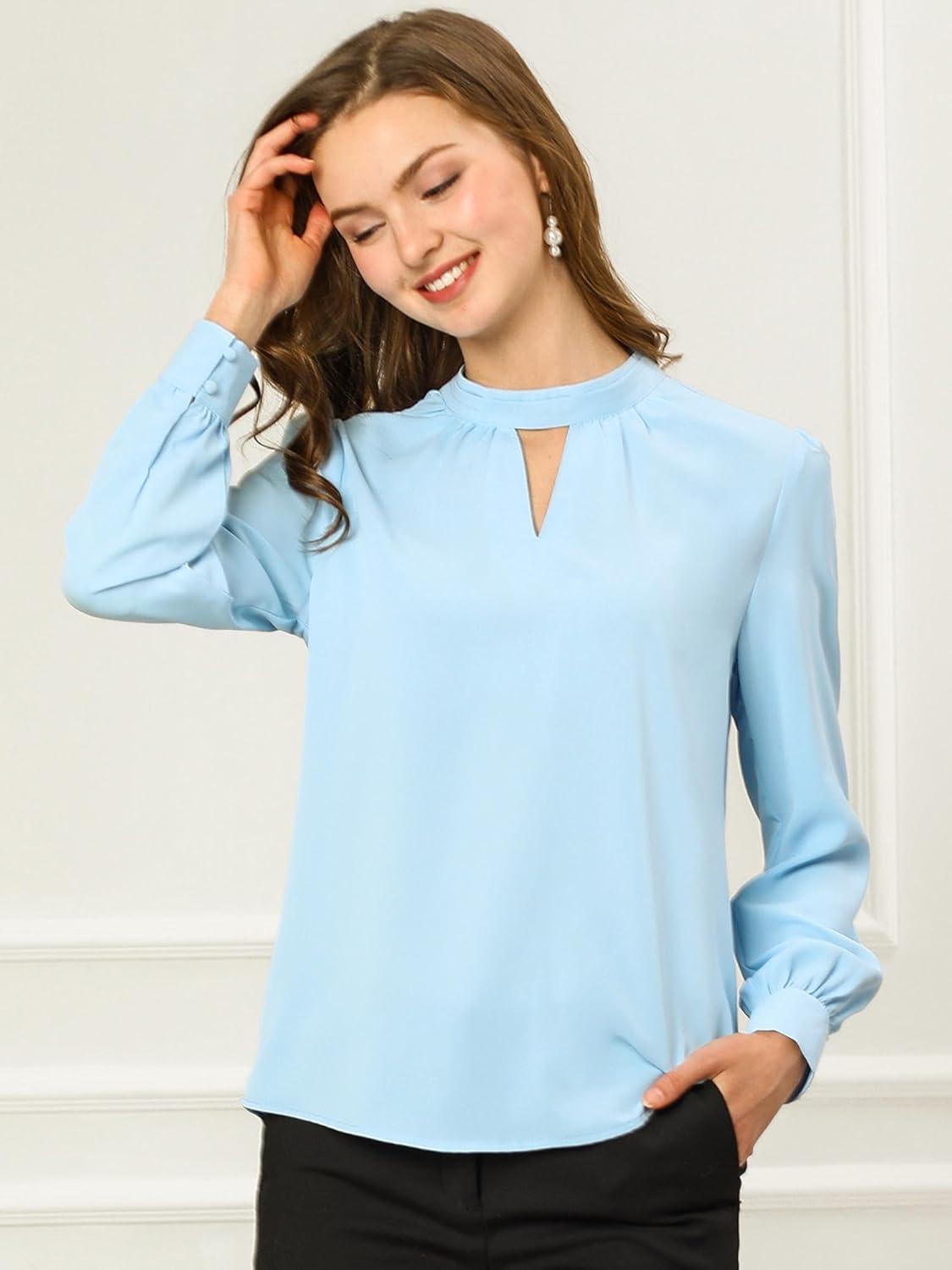 imageAllegra K Womens Work Tops Dressy Casual Shirts Mock Neck Keyhole Business Casual Long Sleeve BlouseLight Blue