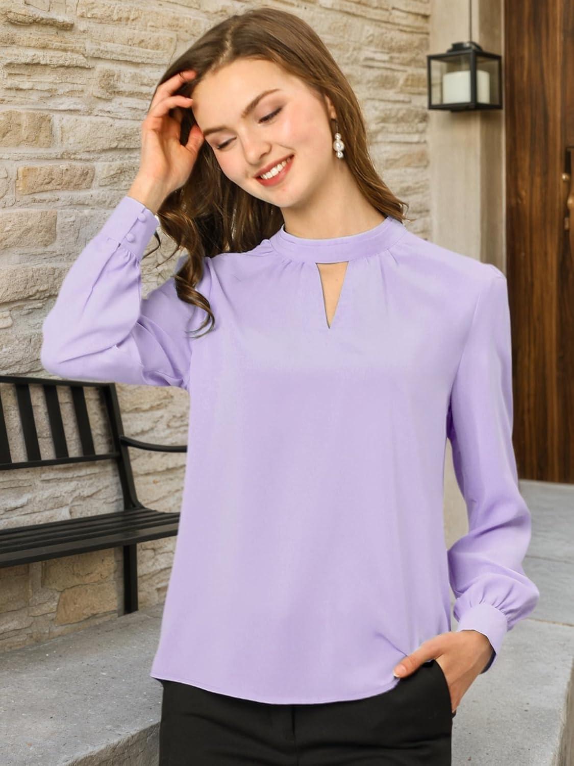 imageAllegra K Womens Work Tops Dressy Casual Shirts Mock Neck Keyhole Business Casual Long Sleeve BlouseLight Purple