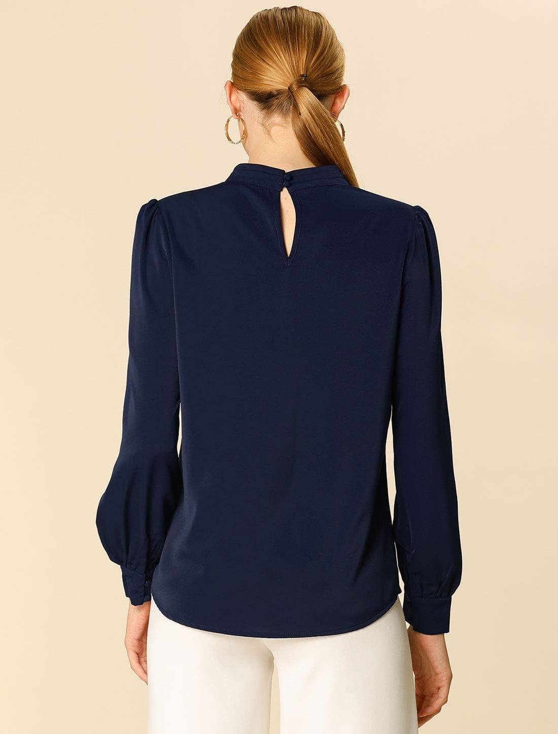 imageAllegra K Womens Work Tops Dressy Casual Shirts Mock Neck Keyhole Business Casual Long Sleeve BlouseNavy Blue