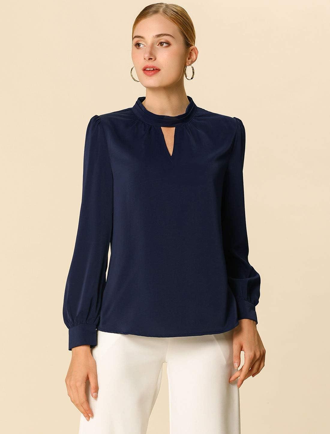 imageAllegra K Womens Work Tops Dressy Casual Shirts Mock Neck Keyhole Business Casual Long Sleeve BlouseNavy Blue