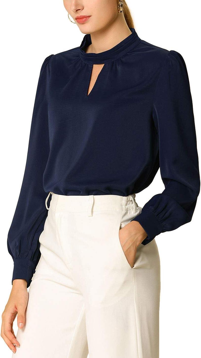 imageAllegra K Womens Work Tops Dressy Casual Shirts Mock Neck Keyhole Business Casual Long Sleeve BlouseNavy Blue