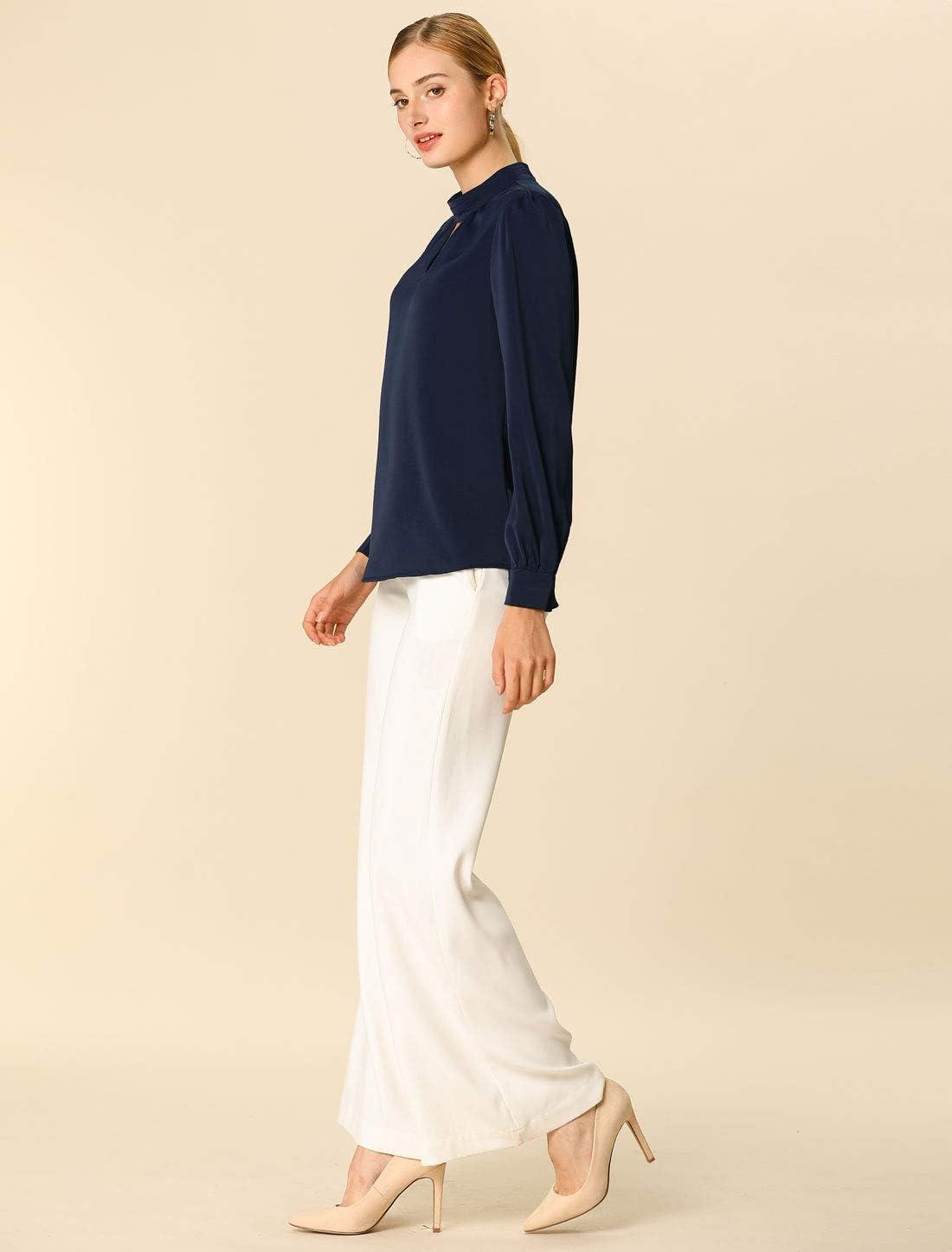 imageAllegra K Womens Work Tops Dressy Casual Shirts Mock Neck Keyhole Business Casual Long Sleeve BlouseNavy Blue