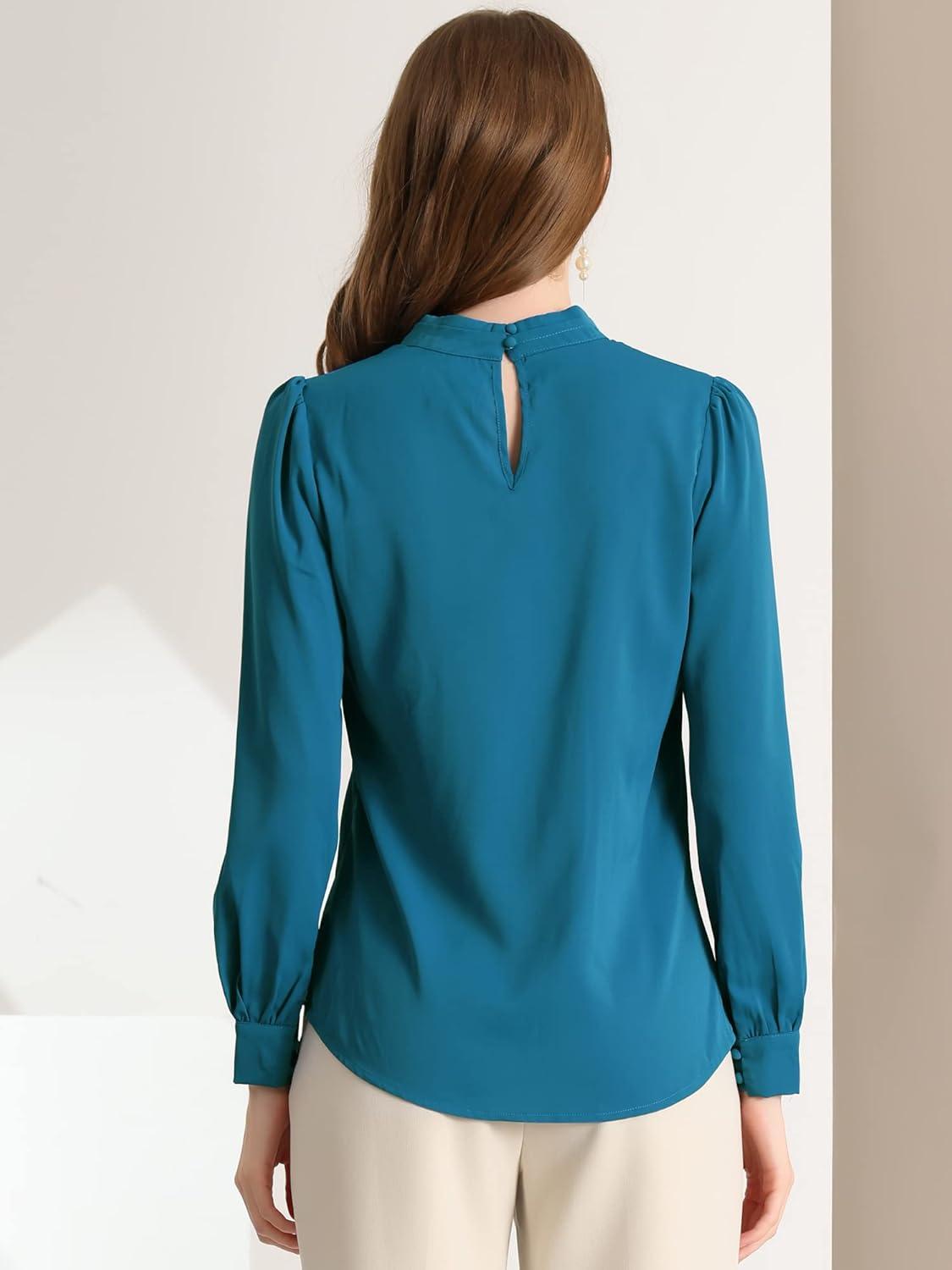 imageAllegra K Womens Work Tops Dressy Casual Shirts Mock Neck Keyhole Business Casual Long Sleeve BlousePeacock Blue
