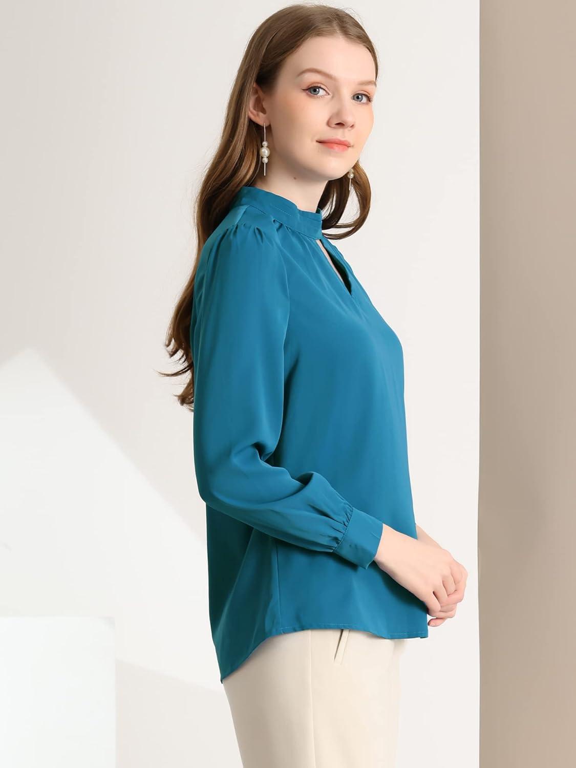 imageAllegra K Womens Work Tops Dressy Casual Shirts Mock Neck Keyhole Business Casual Long Sleeve BlousePeacock Blue